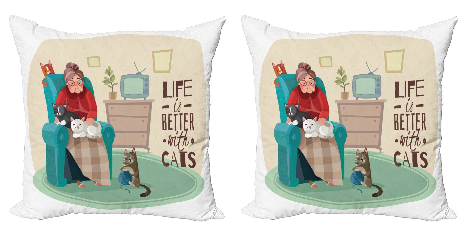 Kissenbezüge Modern Accent Doppelseitiger Digitaldruck, Abakuhaus (2 Stück), Katzen Lady in Sesseln und Kitten