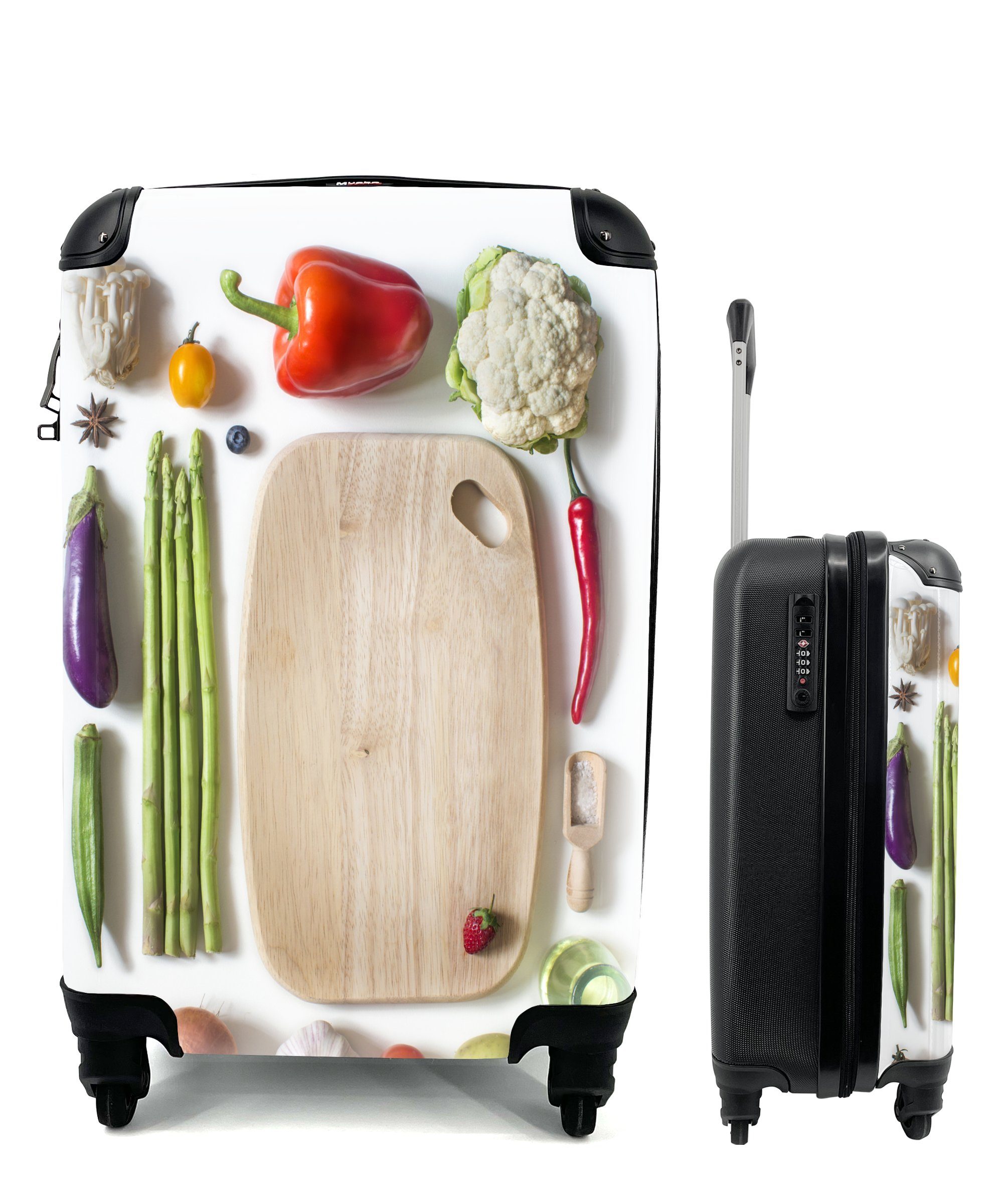 MuchoWow Handgepäckkoffer Verschiedene Gemüse und Früchte neben dem Schneidebrett, 4 Rollen, Reisetasche mit rollen, Handgepäck für Ferien, Trolley, Reisekoffer | Handgepäck-Koffer