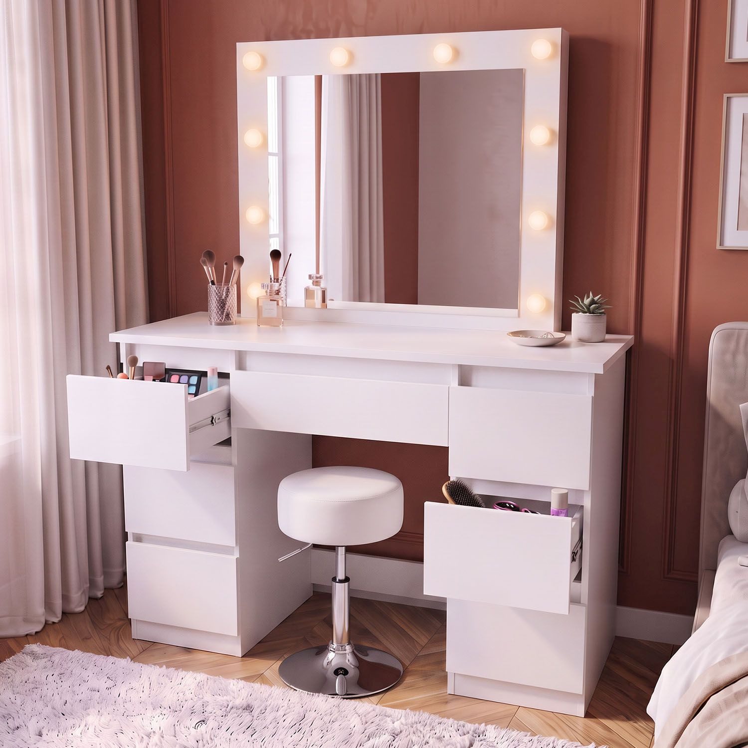 Juskys Schminktisch Talea mit Hocker Tonia in Weiß, 80 x 65 cm LED-Spiegel & 7 Schubladen (3-St), Frisiertisch mit 3 dimmbaren Lichtfarben & höhenverstellbarem Sitz