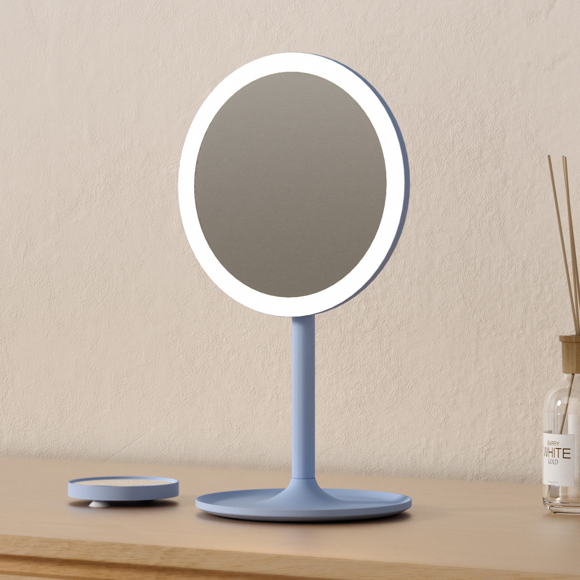 EMKE Kosmetikspiegel Macaron Tischspiegel mit Beleuchtung 3 Lichtfarben Dimmbar, 1X / 3X,90°Drehbar,USB Aufladbarer LED Schminkspiegel für Schminken