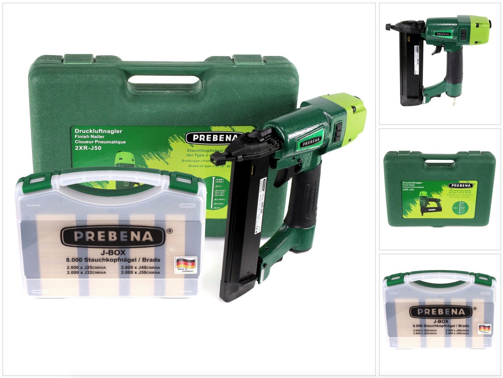 Prebena Druckluft-Nagler 2XR-J50 Luftdruck Druckluftnagler im Transportkoffer + J-BOX 8.000 St