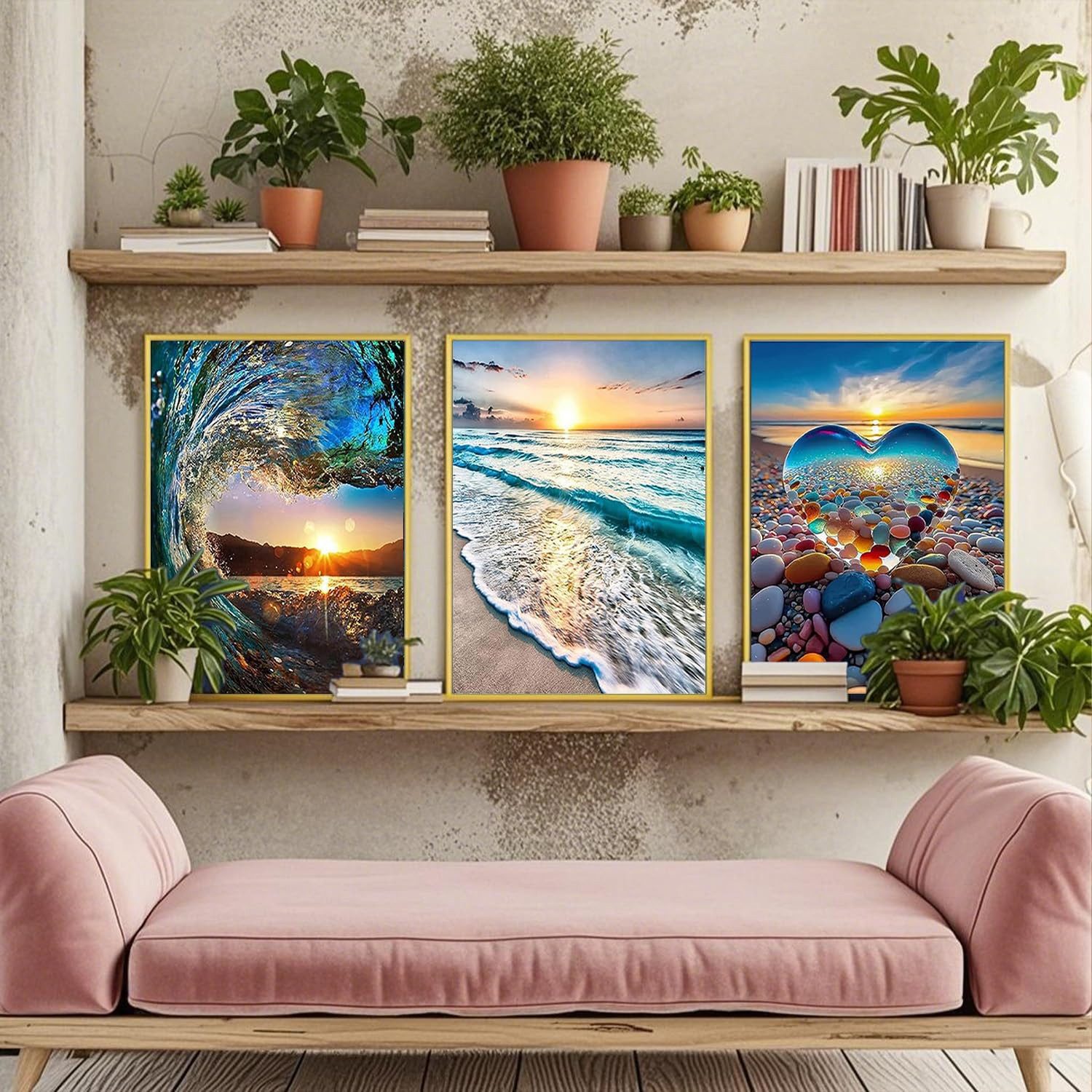 FOUORTUNATE-BEE Kreativset 3er Set Diamond Painting Strand Landschaft 30x40 cm für Erwachsene, Diamant Malerei Set Strand & Herzmotiv, DIY Kunst ohne Rahmen