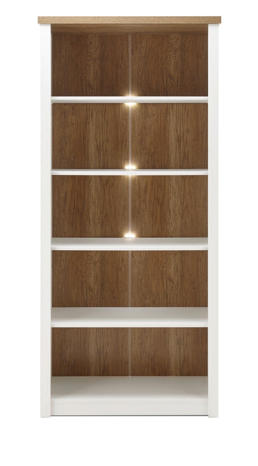 Furn.Design Standregal Seyne, Regalschrank in Pinie weiß und Eiche hell, auf Wunsch mit Beleuchtung