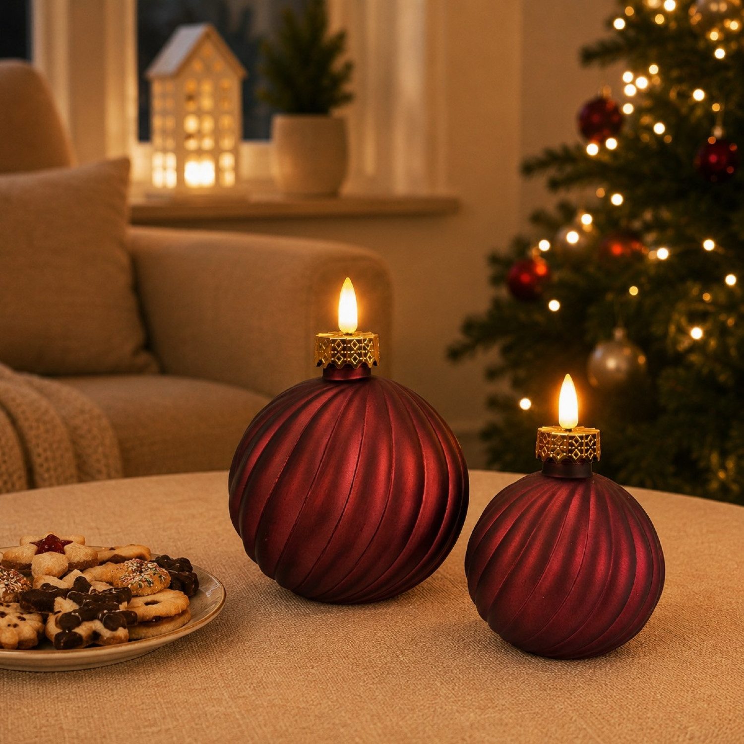 Online-Fuchs LED-Kerze in edler Weihnachtskugelform mit Timer in Purpur Lila - Weihnachtsdeko, realistische Kerzenflamme, warmweiße Beleuchtung, gefertigt aus stabilem Glas mit festlicher Eleganz