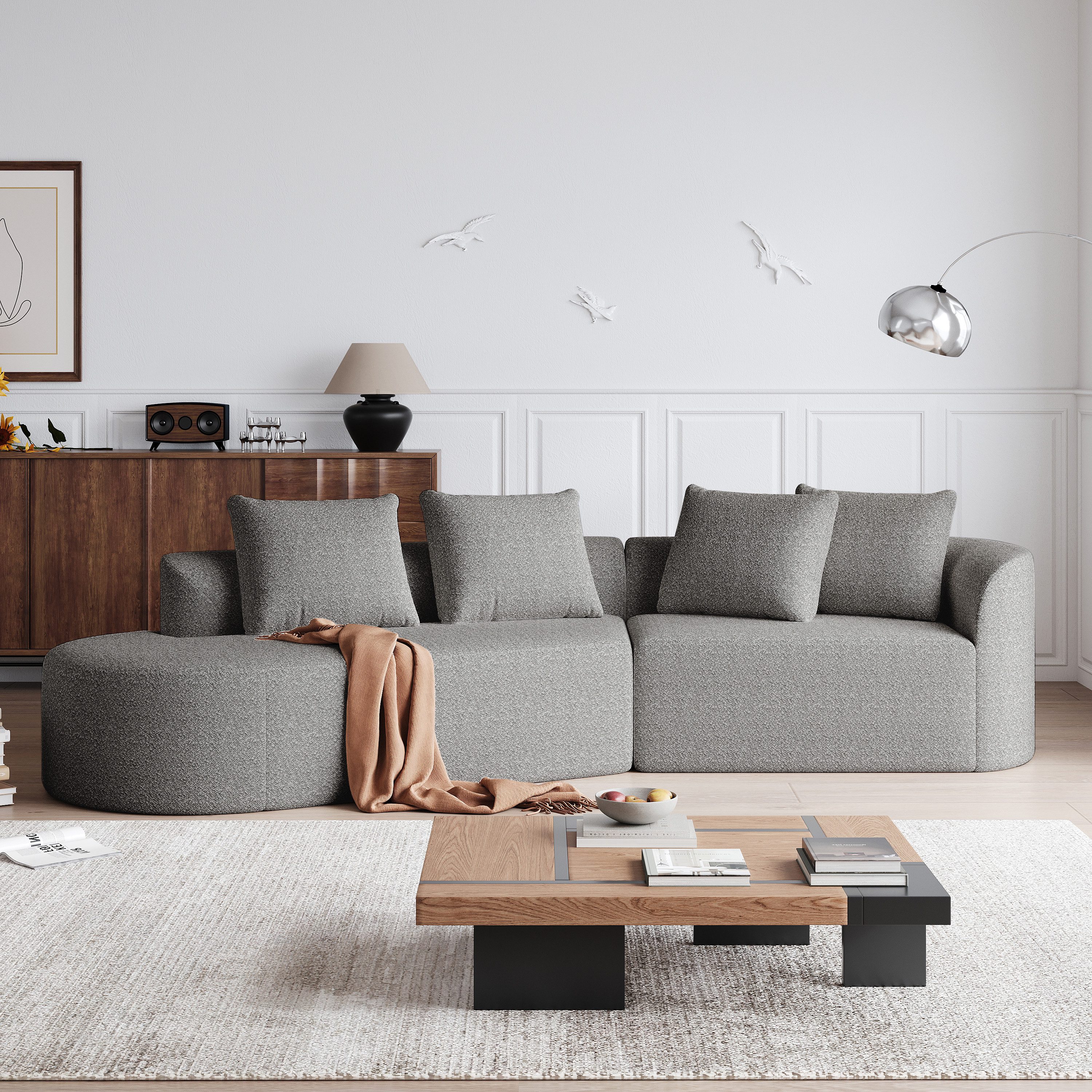 MODFU Ecksofa Bequemes Loungesofa für Wohnzimmer und Schlafzimmer, Modernes Chenille Sofa 4-Sitzer mit extratiefer Sitzfläche, geschwungene Eckcouch mit 4 Zierkissen 1 Teile, mit Relaxfunktion