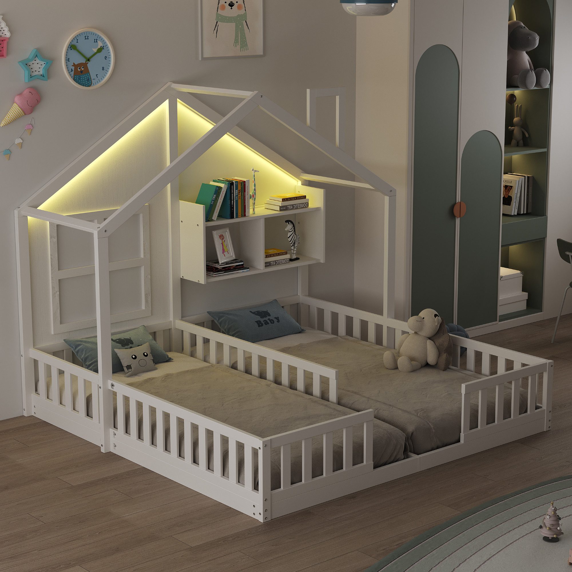 Flieks Kinderbett, Hausbett Freistehendes Doppelbett 90×200cm*2 mit Fenstern Schornstein