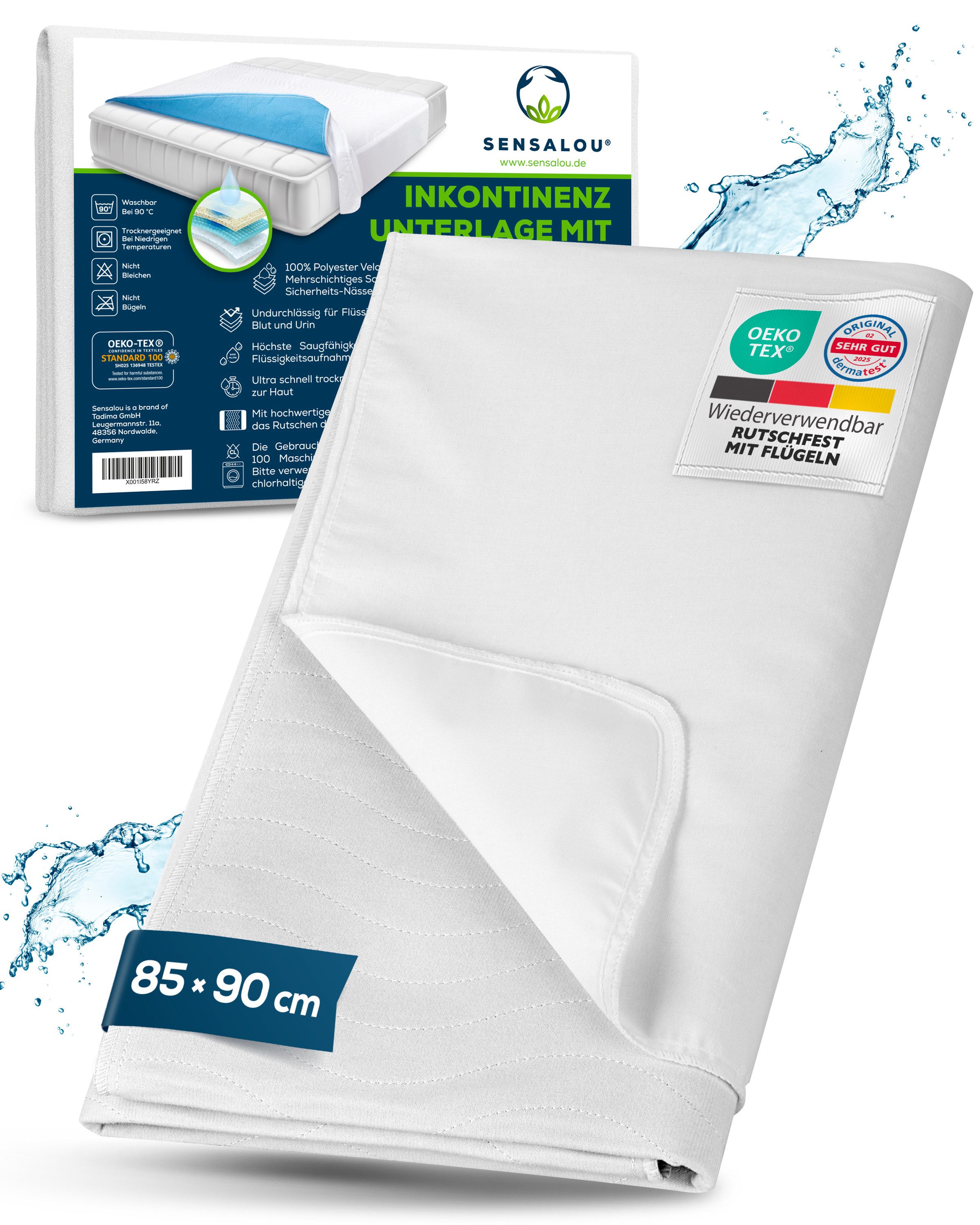 Inkontinenzauflage Inkontinenz Bettunterlage 85x90 cm mit Flügeln Sensalou, Matratzenschutz, wasserdicht, pflegeleicht