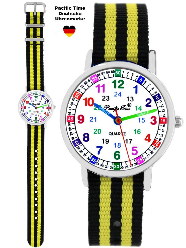 Pacific Time Quarzuhr + 12920, Wechselarmband gelb Armband Gratis Textil Jungen farbenfrohes - Regenbogen Lernuhr Armbanduhr schwarz Versand