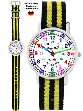 Pacific Time Quarzuhr Armbanduhr Jungen Lernuhr Textil Wechselarmband schwarz gelb 12920, + farbenfrohes Regenbogen Armband - Gratis Versand