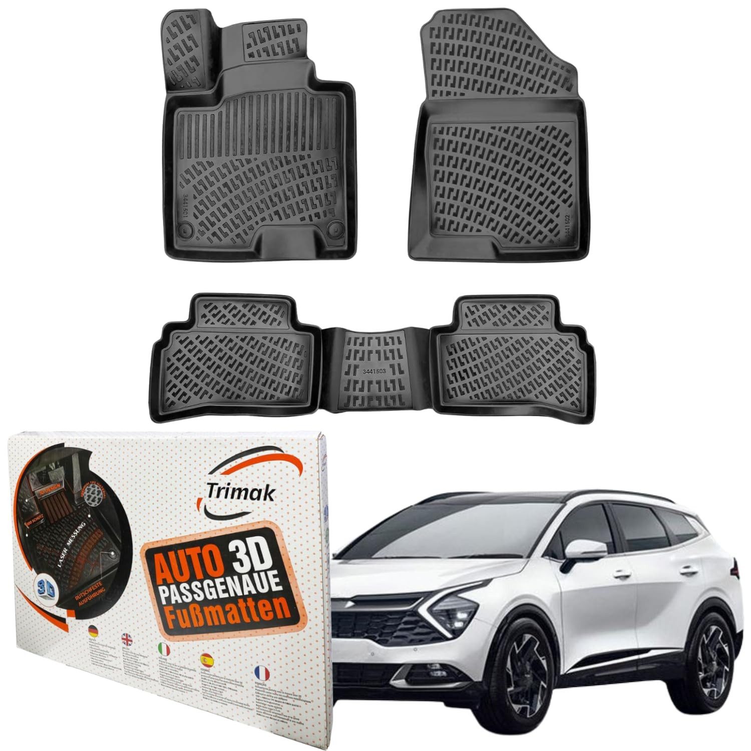 Trimak Passform-Fußmatten Kofferraumwanne Set kompatibel mit Kia Sportage, Kia Sportage 5. Gen. ab 2022 Gummimatten Auto TPE Allwetter Fussmatten