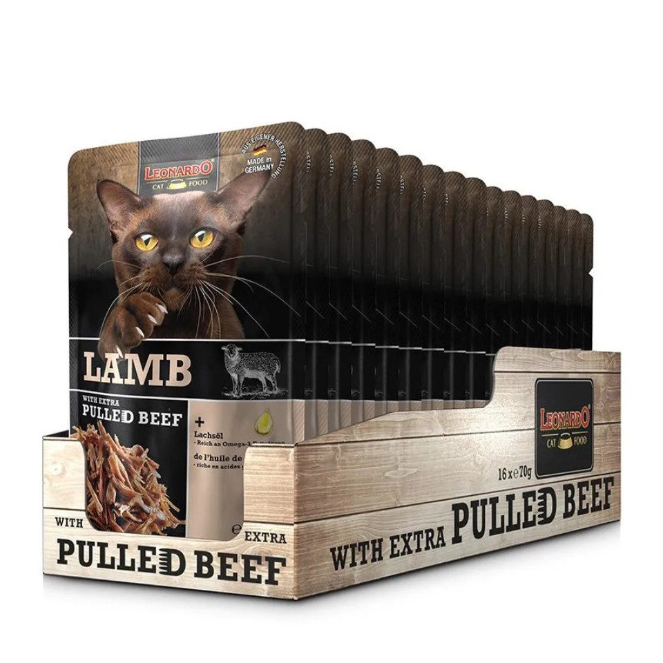 Leonardo Catfood Lamb with extra Pulled Beef - Lammpaté mit gezupftem Rindfleisch 16x70g, Nassfutter für: Katzen