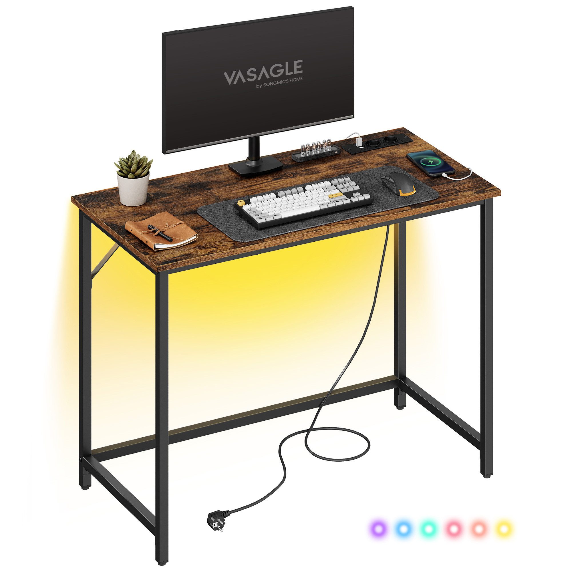 VASAGLE Schreibtisch, Gaming-Tisch mit LED-Beleuchtung, Steckdosenleiste, günstig online kaufen