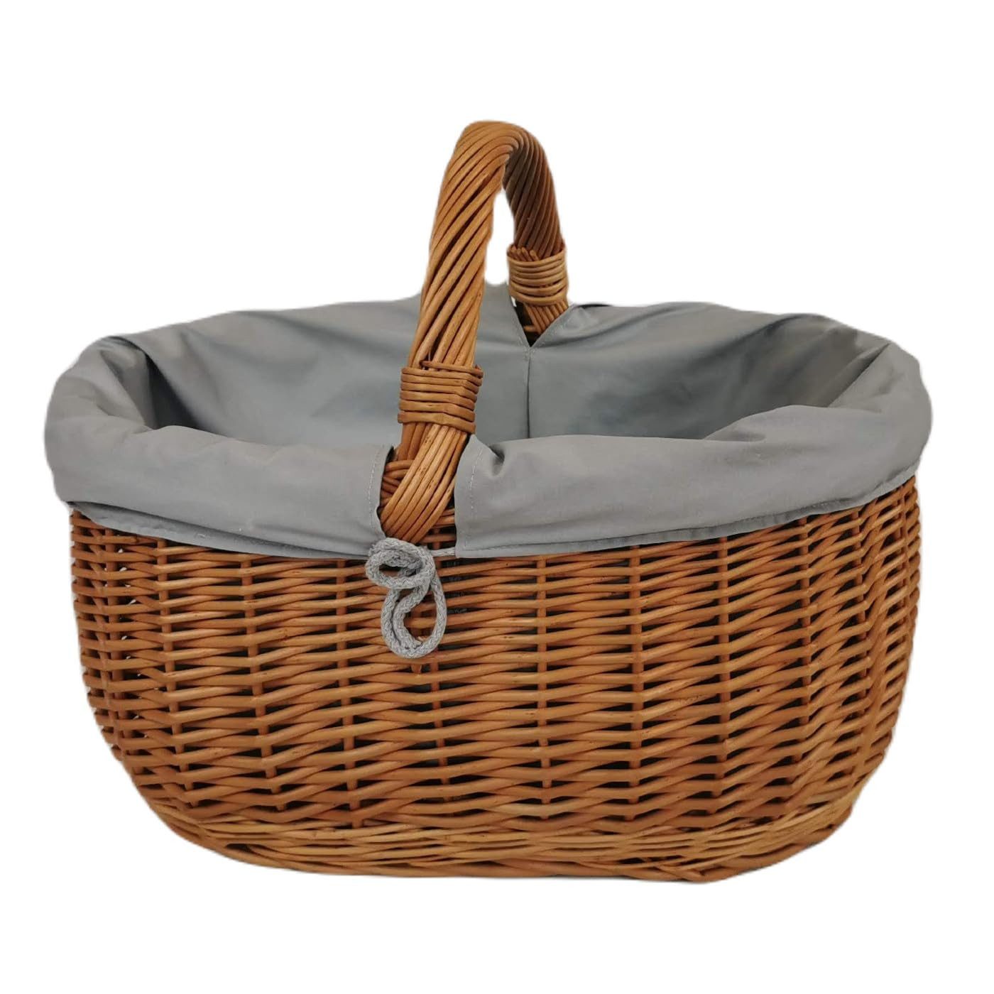 natuleo by pokuc Flaschenkorb Großer Einkaufskorb aus Weide oval Braun mit Stoff grau 46x32x35 cm