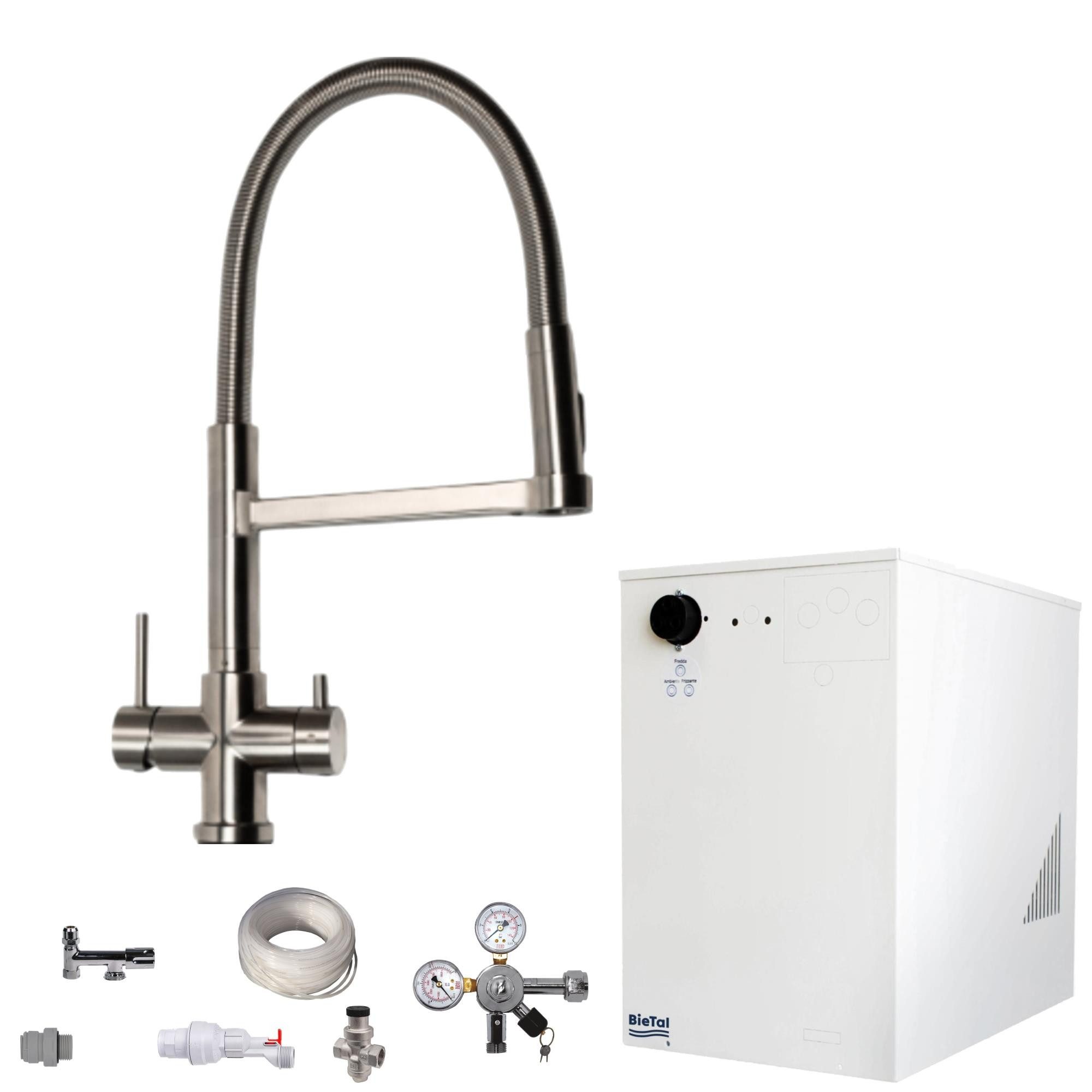 BieTal Wassersprudler Tafelwassergerät BieTal® BT-30U mit Kühlung Zapfstelle 3-Wege SET, (Set, ohne CO2 Flasche-tlg., 5-Wege Edelstahl Küchen Armatur mit Brause ohne Filteranlage), Sprudelwasseranlage Trinkwasser Wasserspender