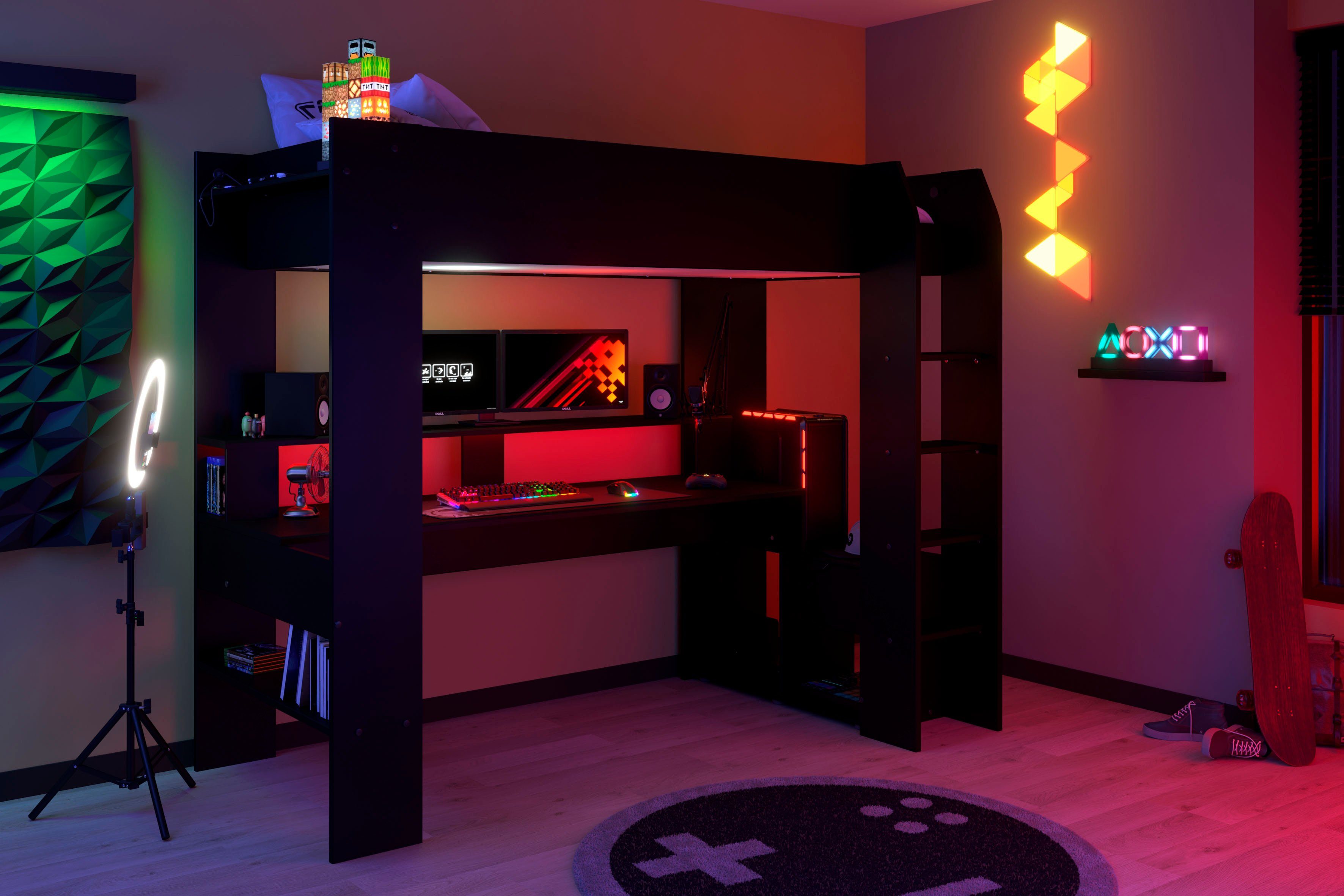 Schreibtisch Stauraum, Hochbett mit LED, Gaming-Bett, USB, Parisot
