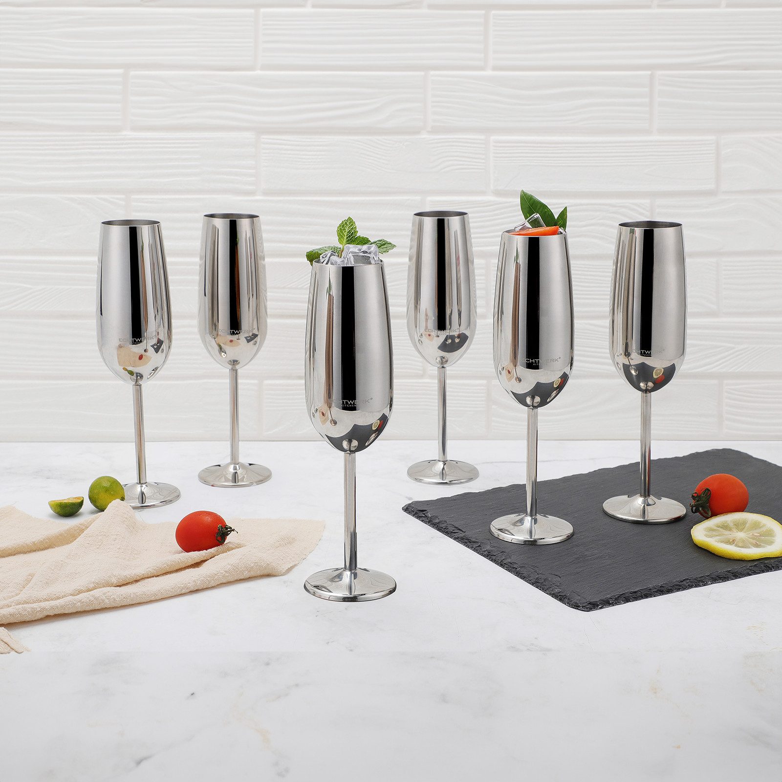 ECHTWERK Glas Sekt-/Champagnerkelch, 6-tlg., Edelstahl, Unzerbrechliche Gläser für Hochzeit/Outdoor/Picknick, 6-tlg