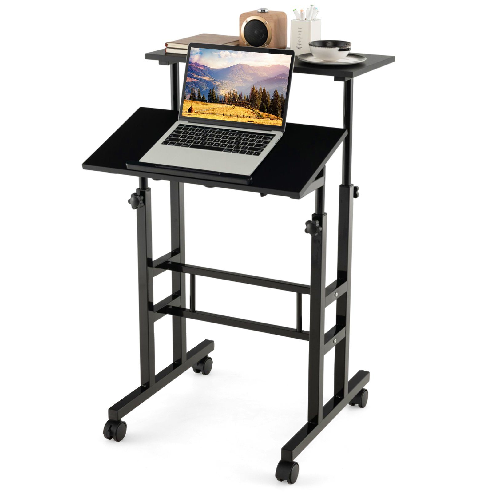 COSTWAY Computertisch, 2-stufig, höhenverstellbar mit Rollen, 72-124cm Schwarz