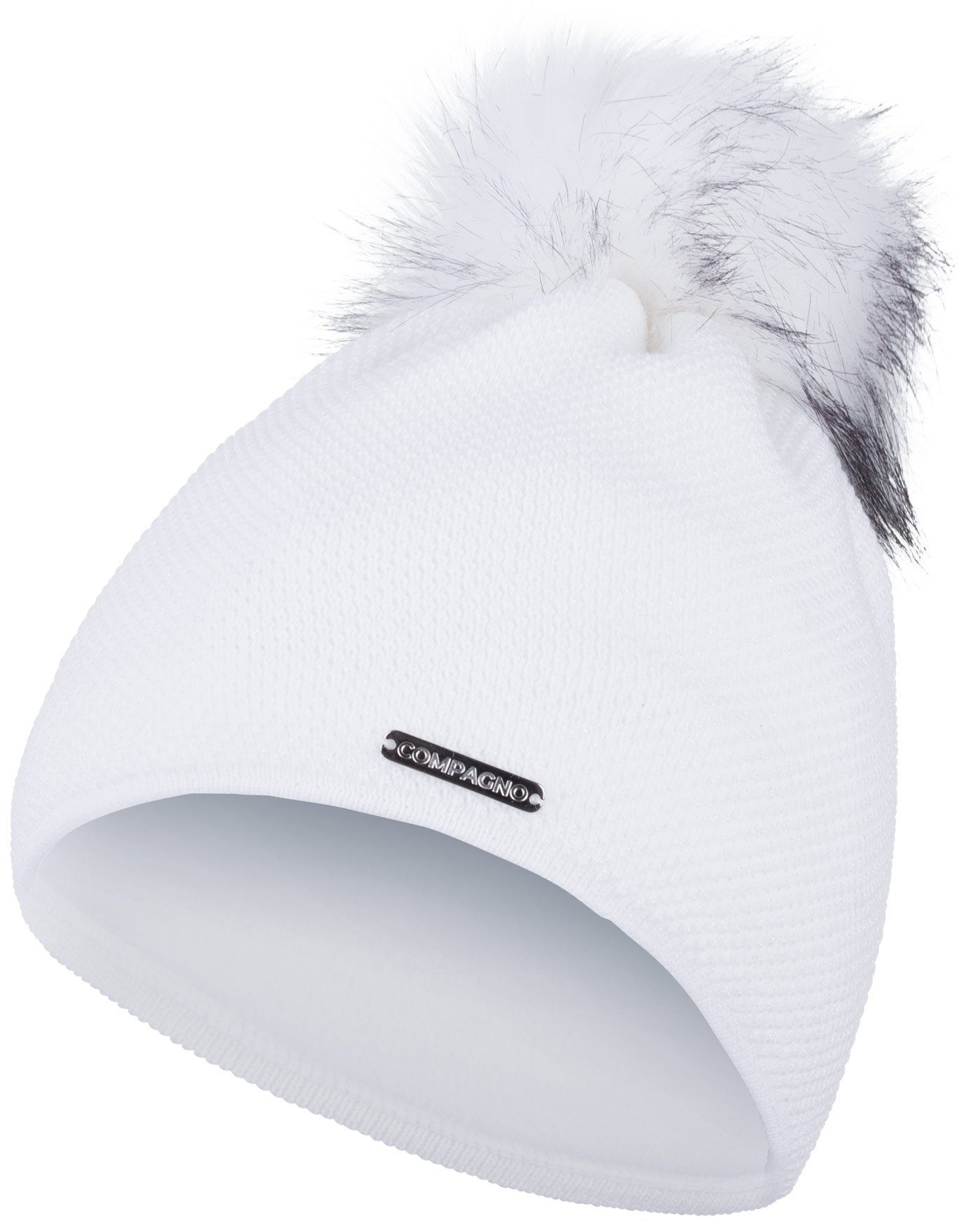 Wintermütze weiß Strickmütze Beanie Mütze compagno (1-St) Bommelmütze Metallic-Garn Damen