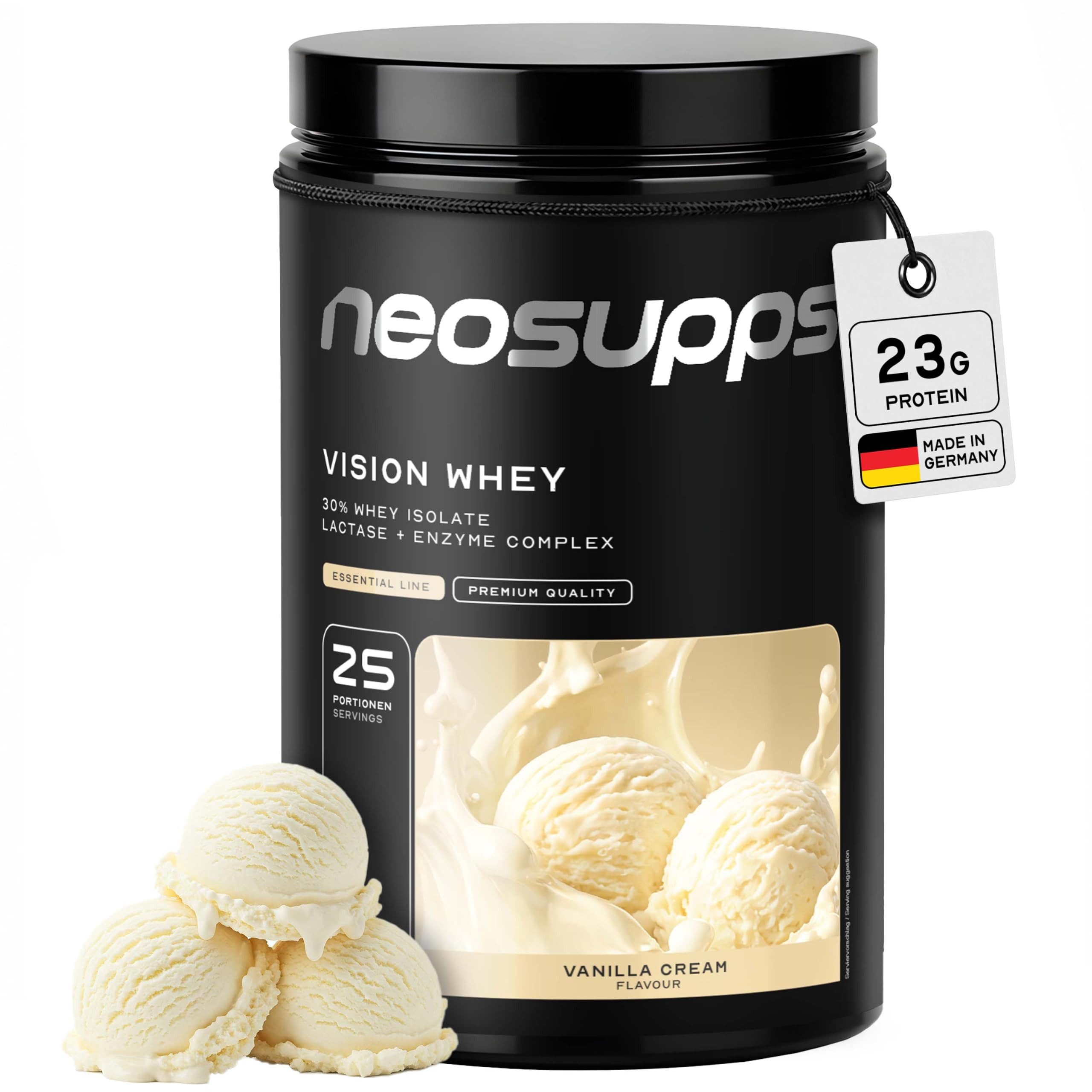 Neosupps Whey Protein Pulver Vanilla Cream 750g, Proteinpulver, Proteinshake Pulver, 750 g, Protein zum Muskelaufbau mit geprüfter Qualität, Made in Germany