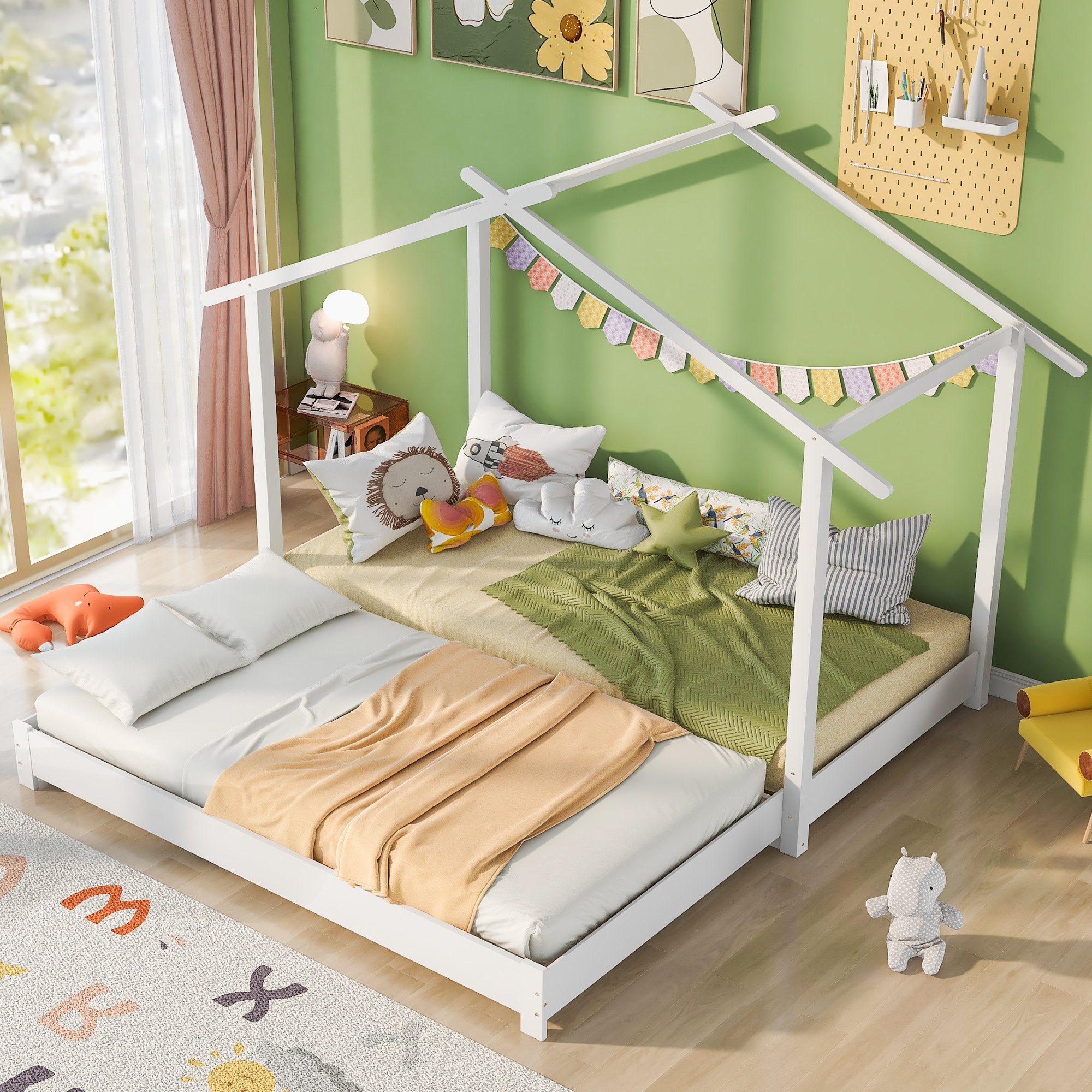 BlingBin Hausbett Holz Kinderbett für Jungen & Mädchen Massivholz Kinder Bett (1-tlg., umbaubar Bodenbett), mit Lattenrost, 90*190/180*190 Weiß