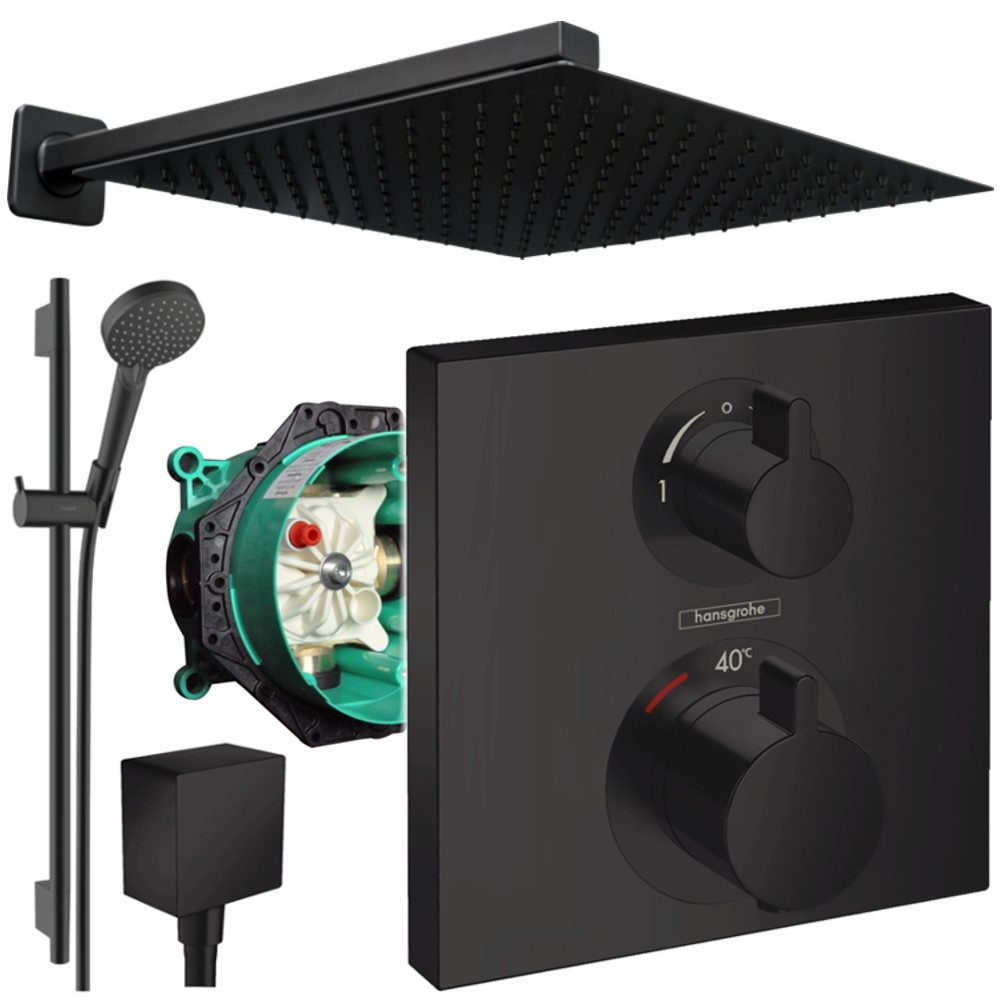 Hansgrohe und Jowi Duscharmatur Ecostat Square Unterputz Duschsystem mit Kopfbrause, Schwarz (Unterputz-Duschsystem, Set) Mattschwarz, Thermostat, 65cm Brausestange