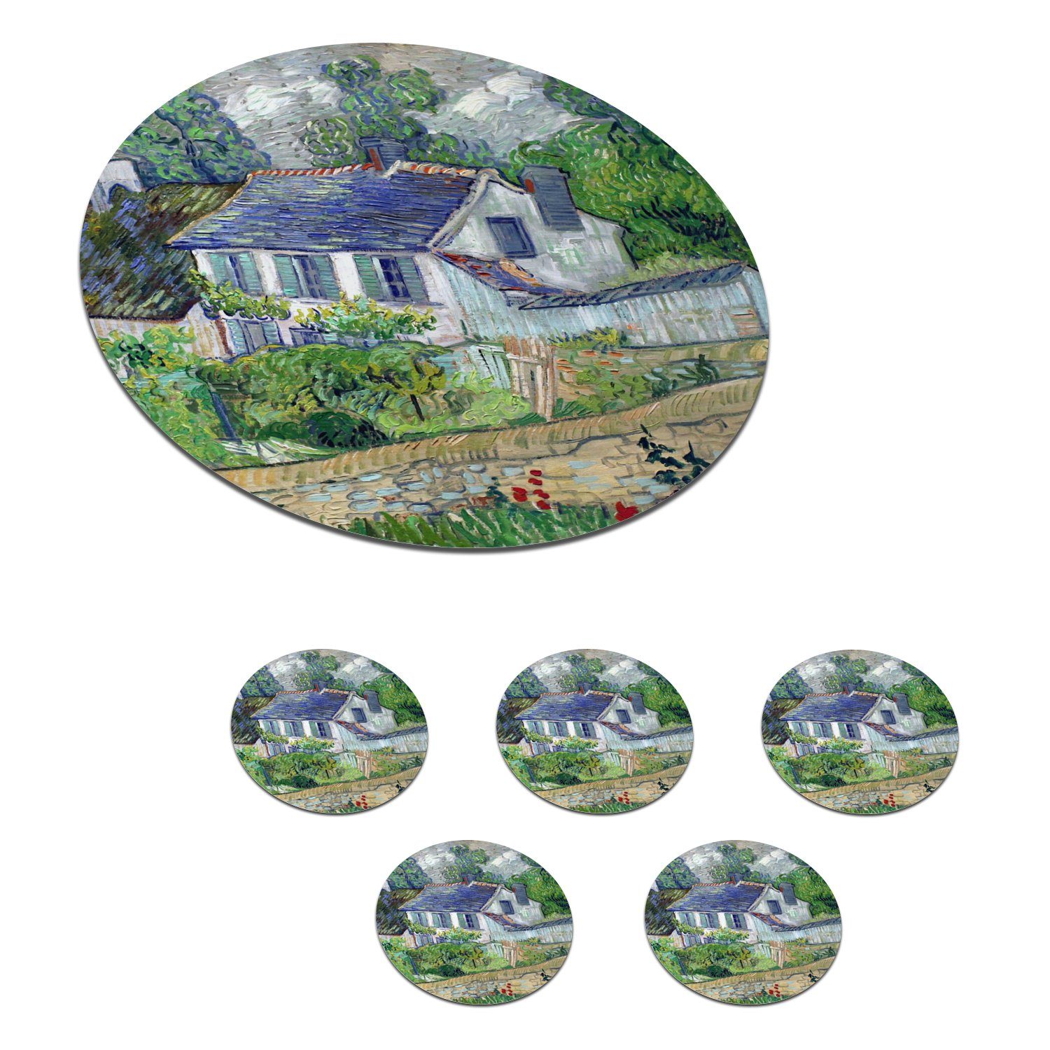 MuchoWow Glasuntersetzer Haus in Auvers - Vincent van Gogh, Zubehör für Gläser, 6-tlg., Getränkeuntersetzer, Tassenuntersetzer, Korkuntersetzer, Tasse, Becher