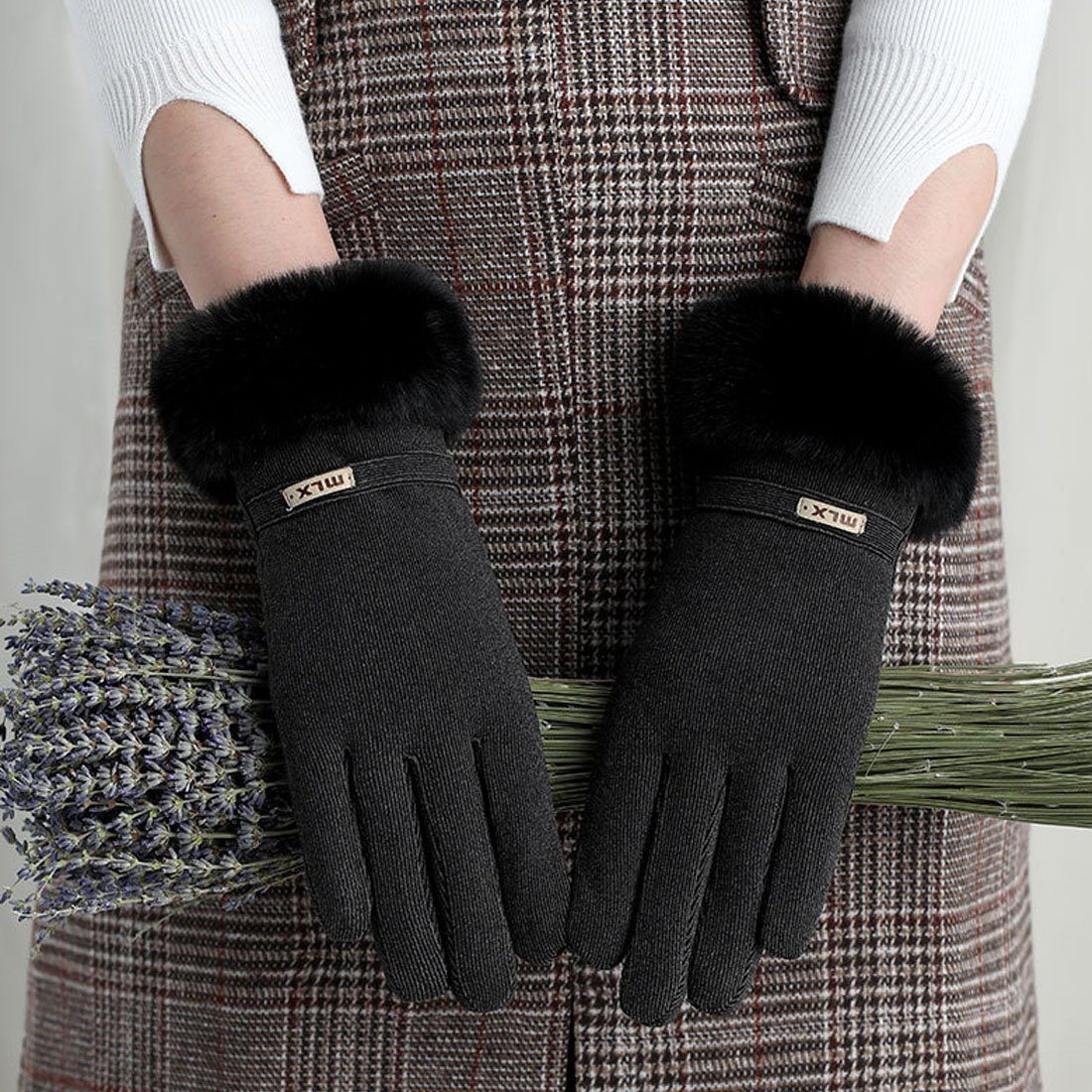 DÖRÖY Fleecehandschuhe Outdoor-Radhandschuhe für Frauen, gepolsterte warme Winterhandschuhe Schwarz
