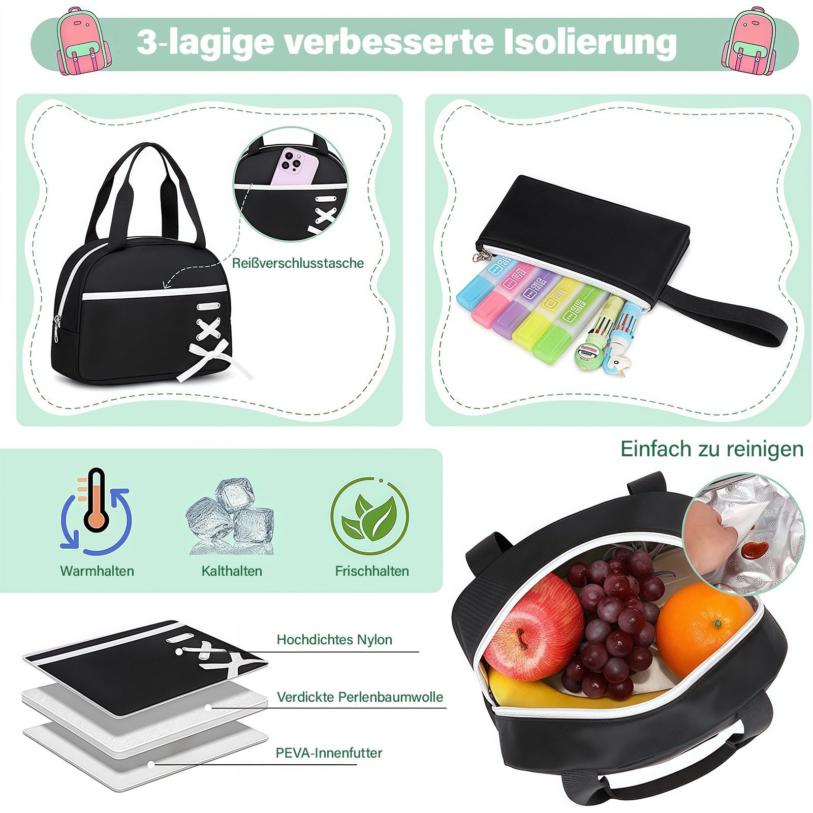 MOPUEA Schulrucksack Schulrucksack Mädchen Teenager Daypack 3. bis 7. Klasse Schule (Schulrucksack-Set mit Lunchbox Federmäppchen für Mädchen Teenager, 3-tlg.,  – Bild 4 von 5