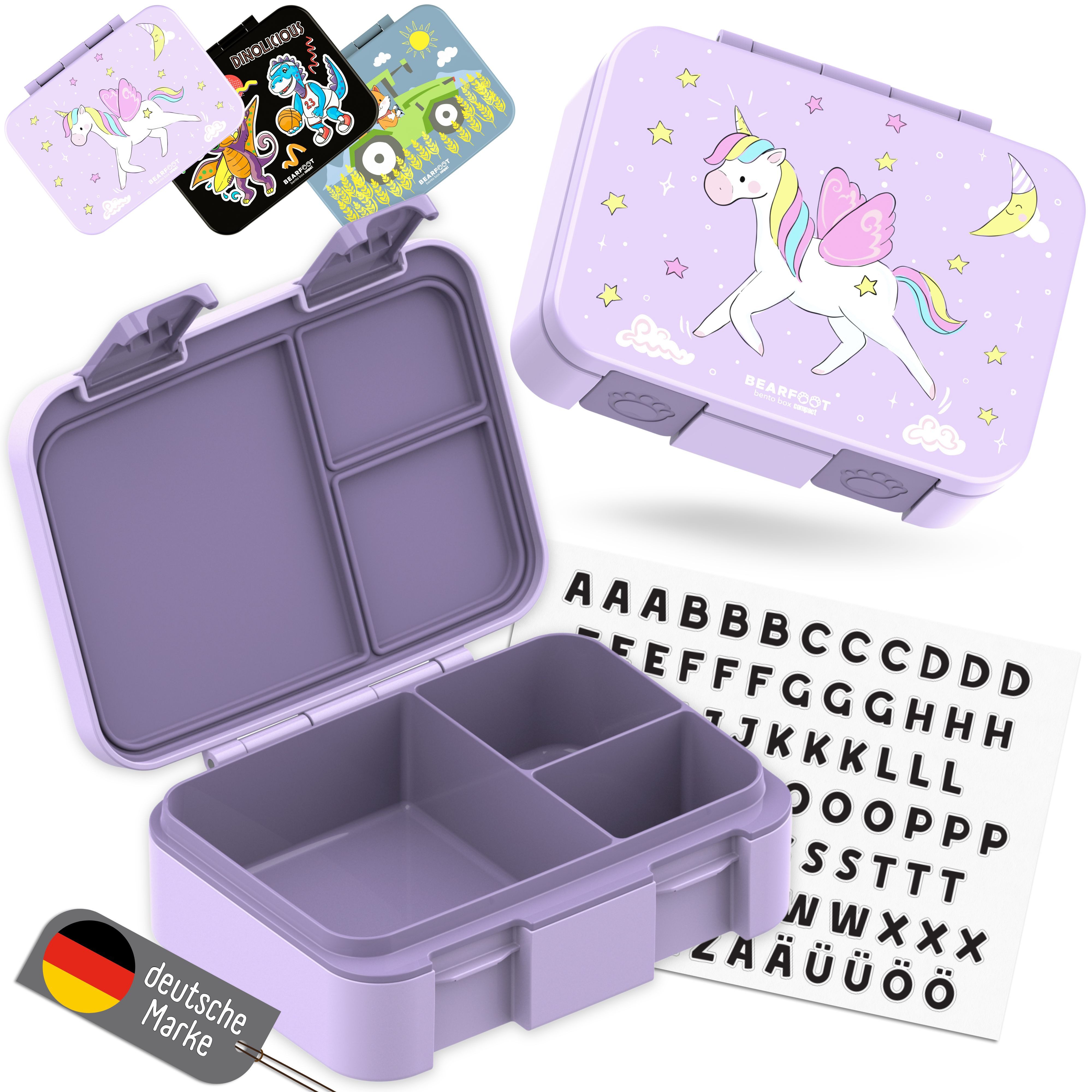BEARFOOT Lunchbox Brotdose mit Fächern, leicht & auslaufsicher - Einhorn lila, PP, ABS, Silikon, Kindergarten und Schule - Mädchen und Jungen, Vesperbox, Snackbox