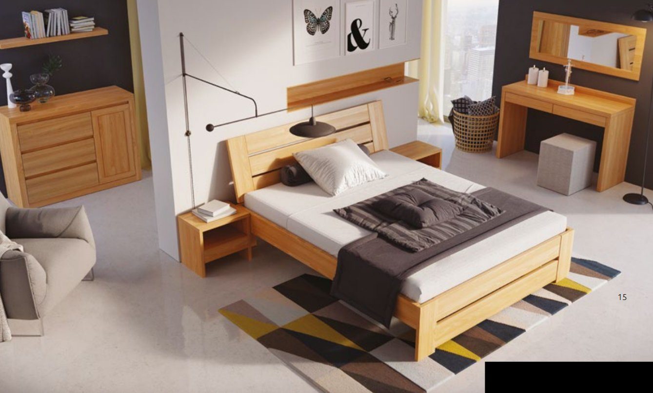JVmoebel Schlafzimmer-Set, Schlafzimmer Holz Nachttische Bett 2x Echtes Betten Möbel Massivholz Set 3tlg