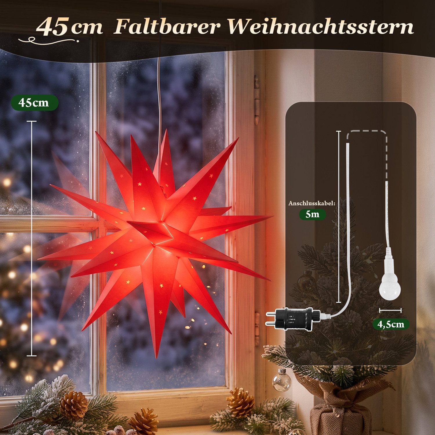 Salcar LED Dekolicht 45/60/75cm 3D Stern Beleuchtet LED Stern Weihnachtsdekoration Fenster – Bild 3 von 5