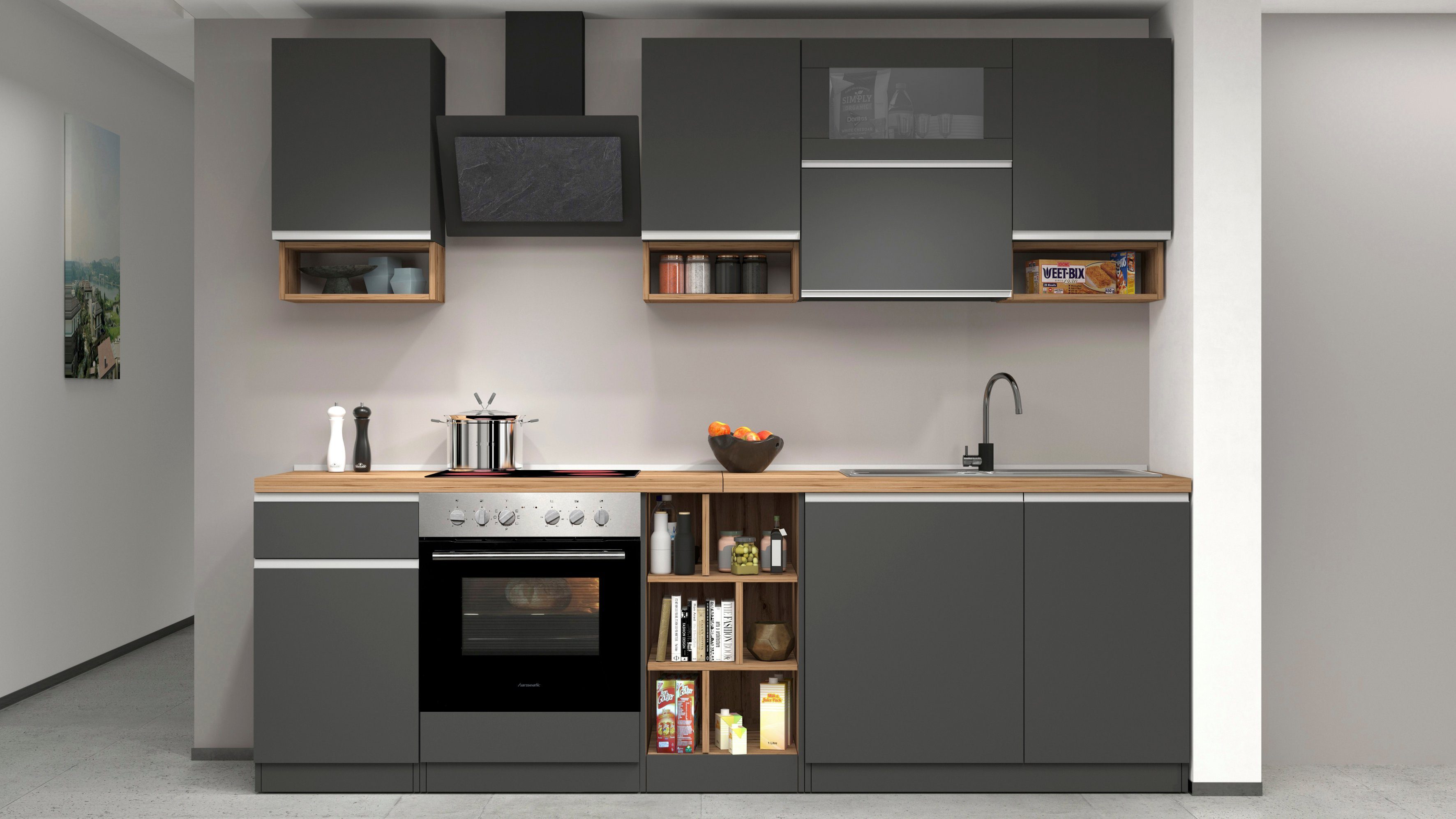 KOCHSTATION Küchenzeile KS-Sole, Breite 256 cm, mit Regalen und Fächern, ohne E-Geräte
