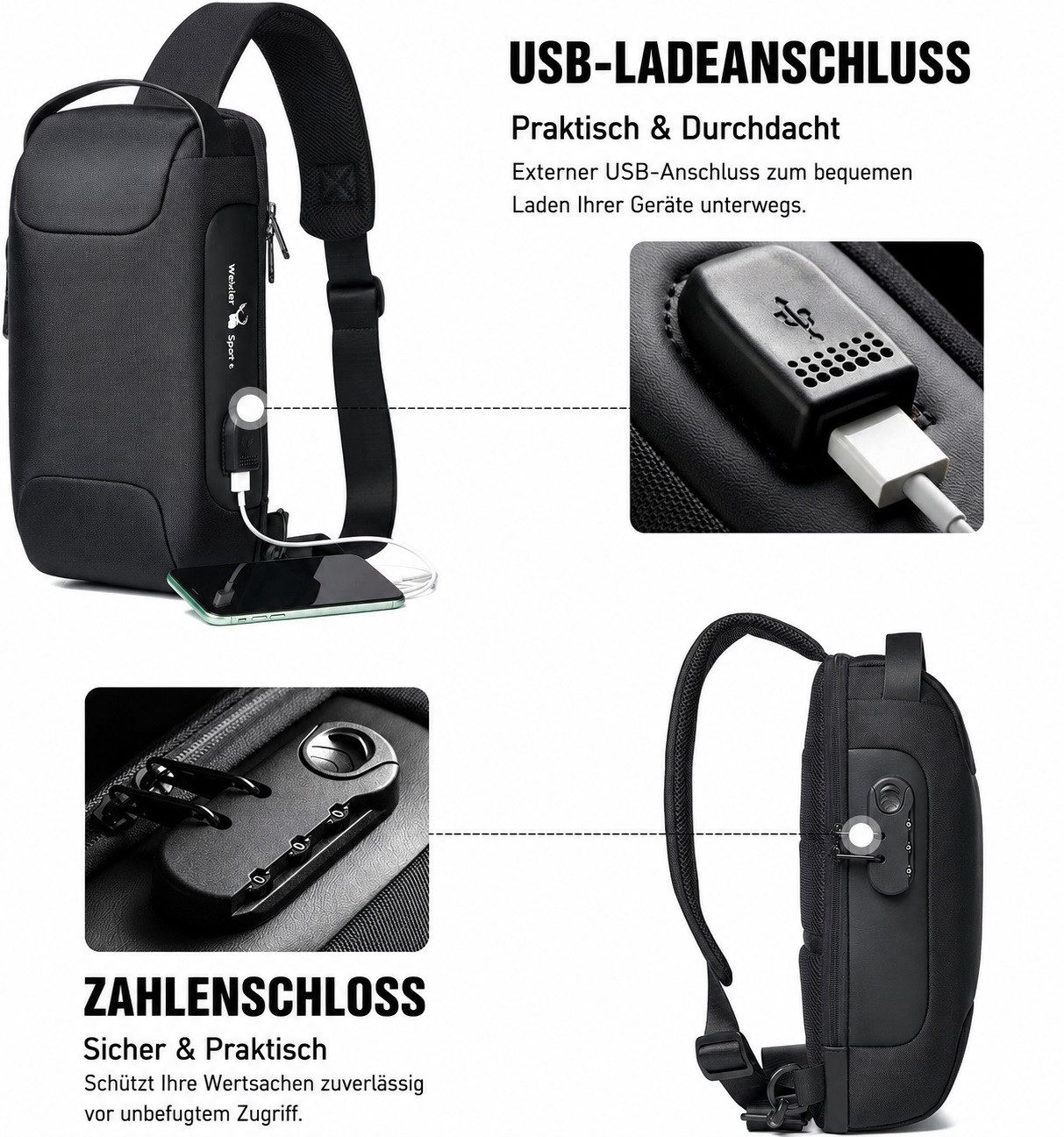 MOPUEA Schultertasche Brusttasche Sling Bag Umhängetasche Herren Wasserdichte Brusttasche (für Reisen Wandern Mehrere Taschen Crossbody Pack, 1-tlg), mit USB-La – Bild 2 von 5