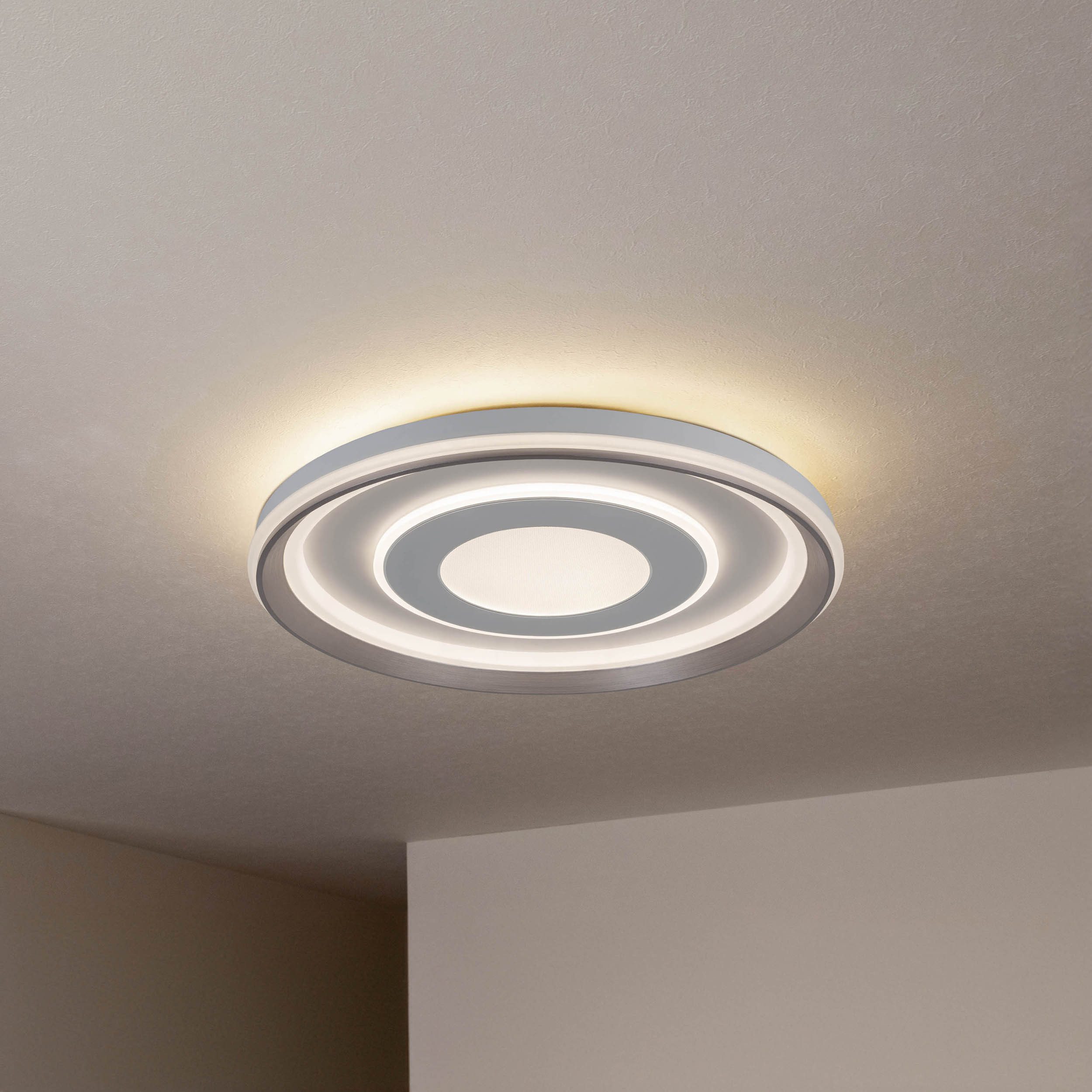 näve LED Deckenleuchte Doira, CCT - über Fernbedienung, Dimmfunktion, Memoryfunktion, Nachtlichtfunktion, dimmbar über Fernbedienung, mehrere Helligkeitsstufen, LED wechselbar, warmweiß - kaltweiß, weiß/silber, dimmbar per Fernbedienung (inkl), CCT, Memory, Nachtlicht