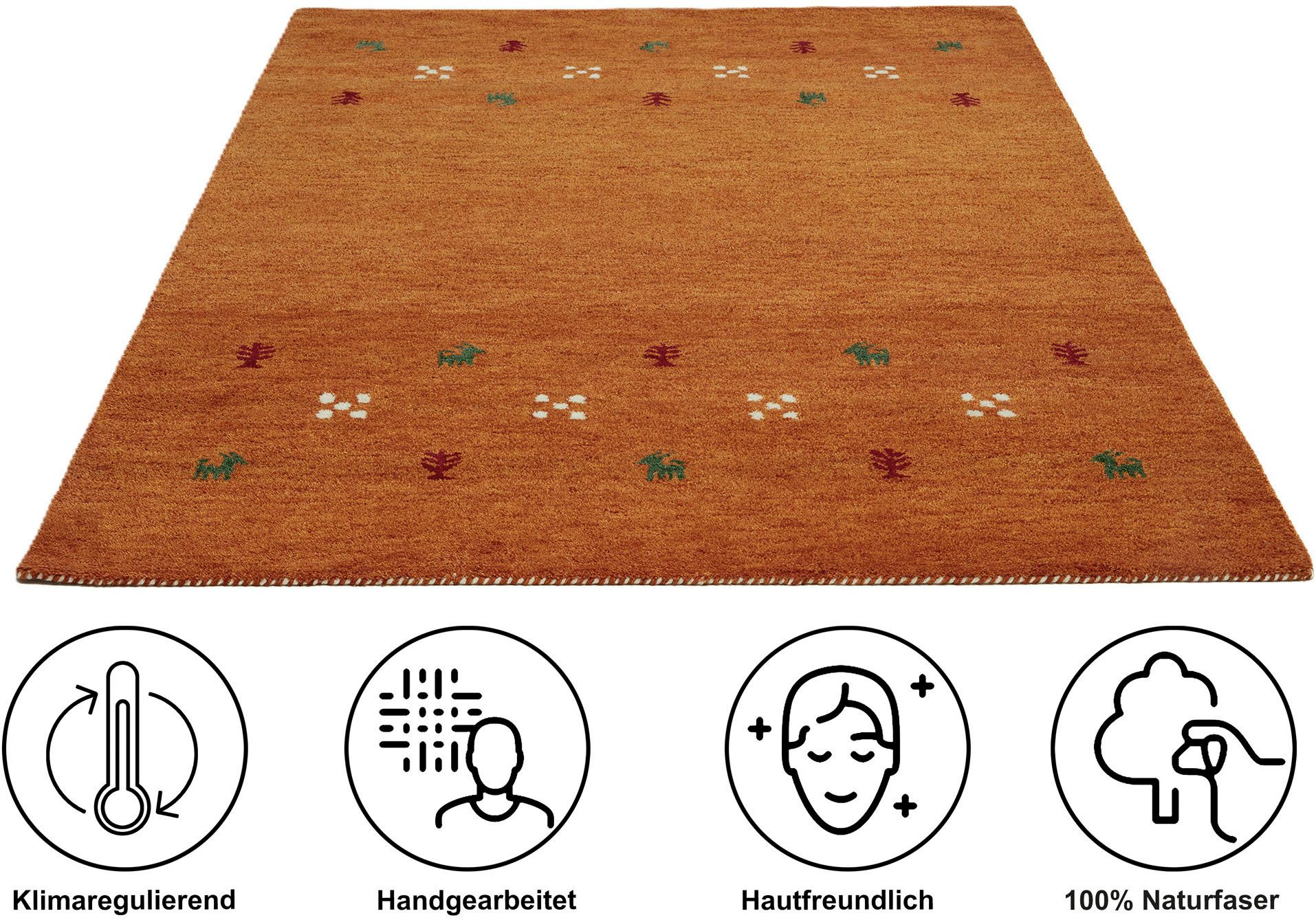 THEKO Wollteppich Gabbeh Motiv, Handgefertigt, Teppich, Tiermotiv, reine Wolle, rechteckig, Höhe: 14 mm, reine Wolle, Wohnzimmer, Schlafzimmer, Esszimmer