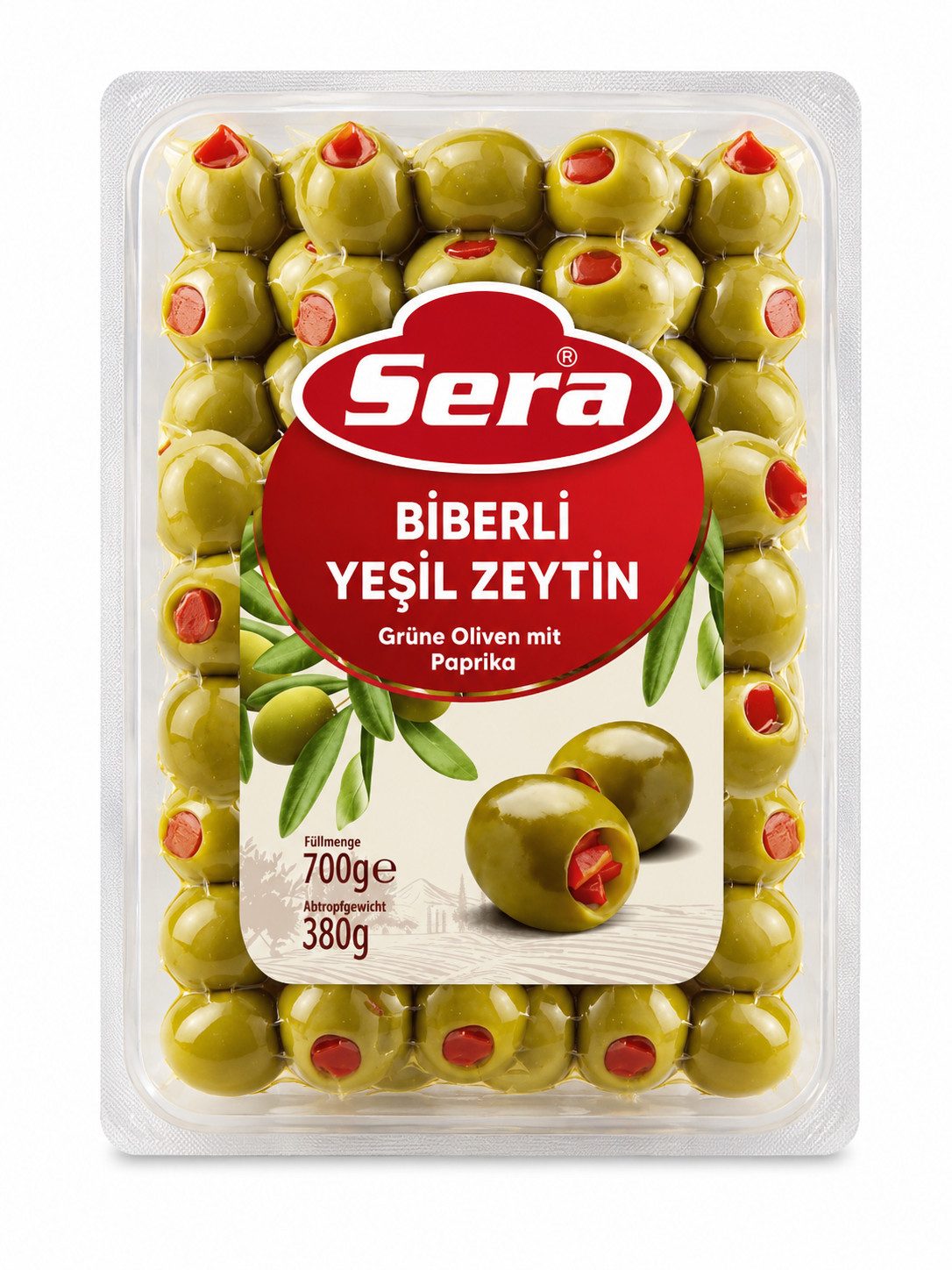 SERA FOOD Antipasti Sera Grüne Oliven mit Paprikapaste gefüllt 700g, 1 x 7000 g, Knackige Mediterrane Paprika-Oliven im Vorratsglas