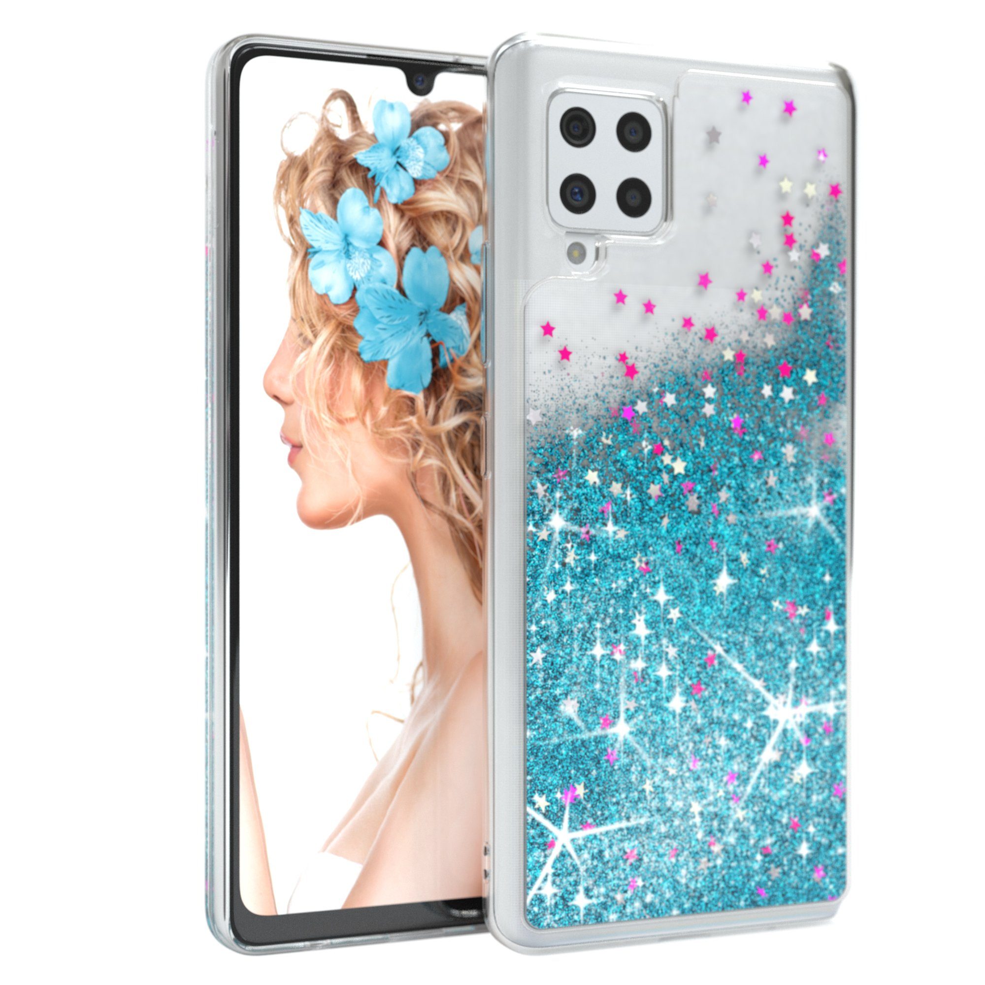 EAZY CASE Handyhülle Liquid Glittery Case für Samsung Galaxy A42 5G 6,6 Zoll, Gloss Slimcover Girly Backcover Bling Phone Case kratzfeste Cover Blau