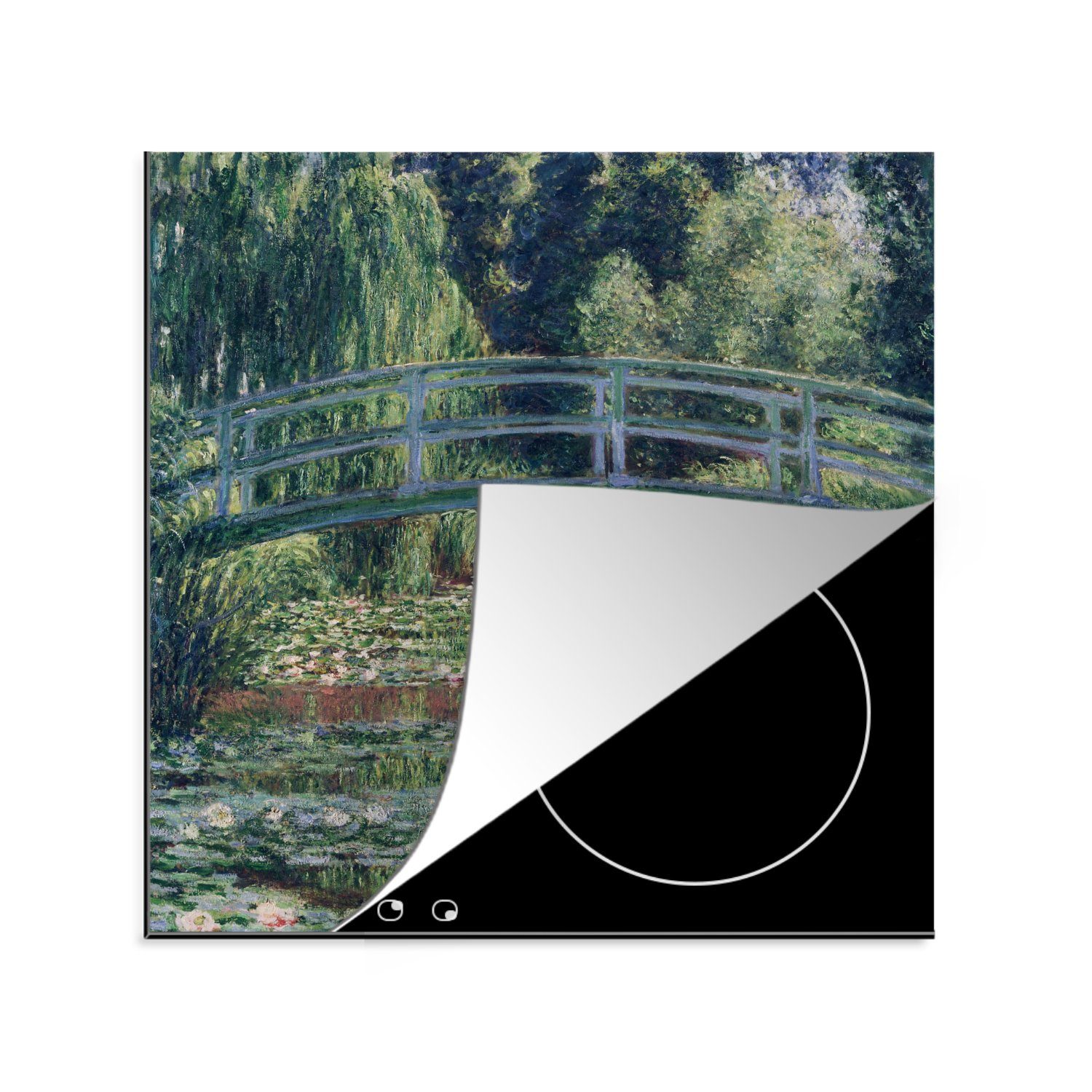 MuchoWow Herdblende-/Abdeckplatte Die japanische Brücke und die Seerosen - Claude Monet, Vinyl, (1 tlg), 78x78 cm, Ceranfeldabdeckung, Arbeitsplatte für küche