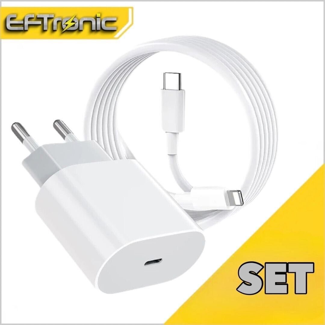EFTronic Ladeset USB-C-Lightning Kabel 1m 20W Schnellladegerät iPhone Ladekabel USB-Ladegerät (100cm Lightning Kabel iPhone Ladekabel, 1-tlg., Power Adapter, für iPhone 11 12 13 14 Pro Max Mini SE)