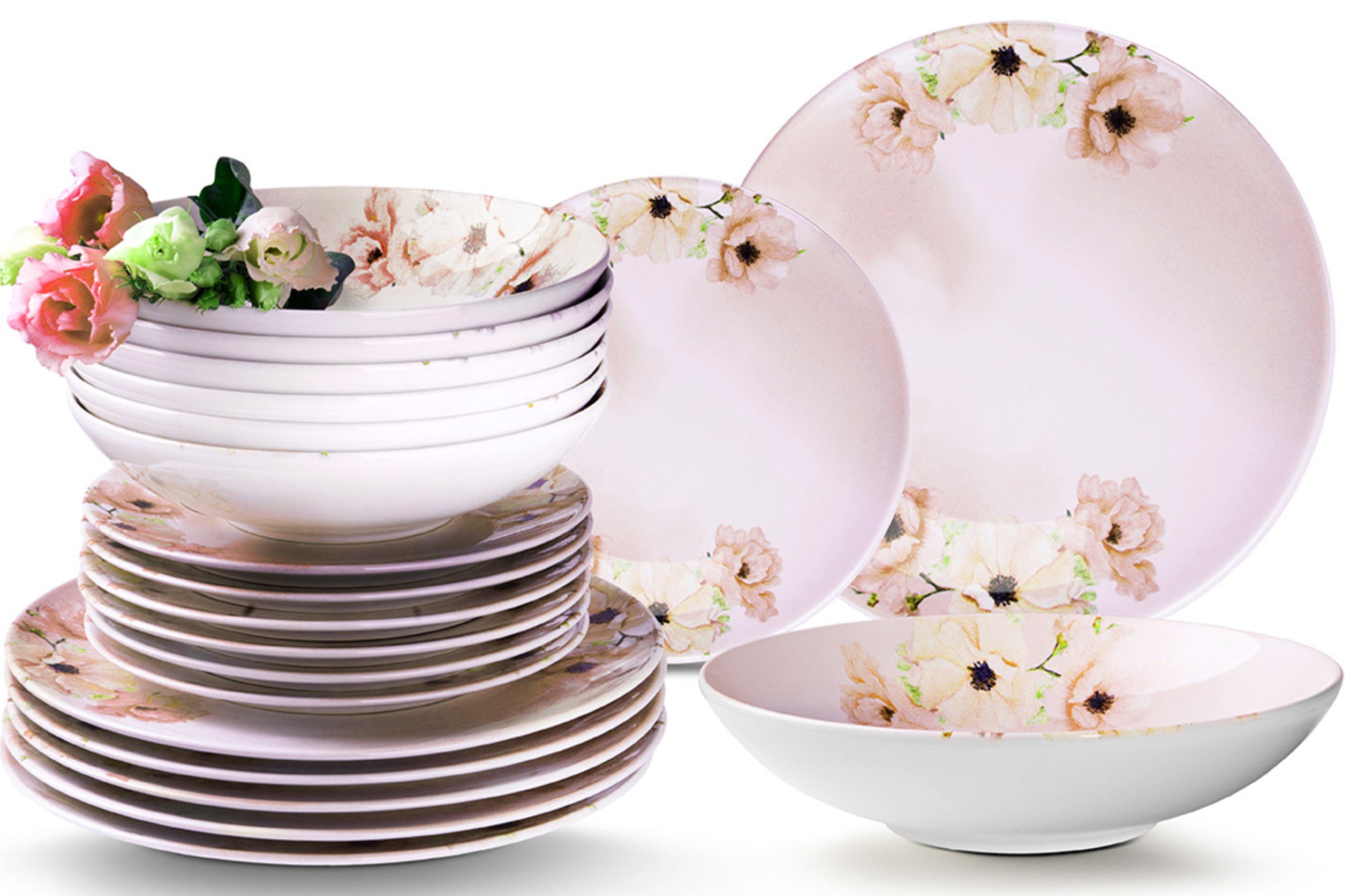 Konsimo Tafelservice Basima Geschirrset Dessertteller Speiseteller rosa/weiß  6 Personen (36-tlg), 6 Personen, Keramik, Spülmaschinen- und  Mikrowellengeeignet, rund