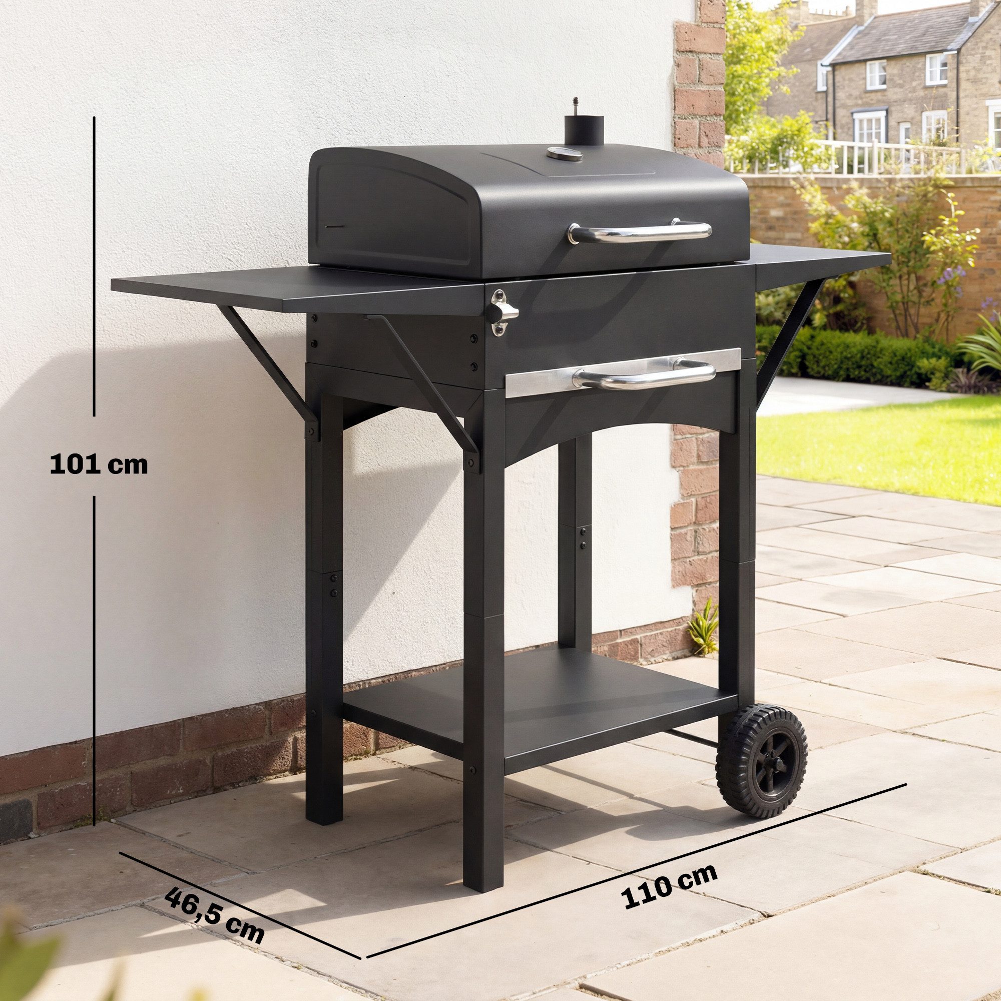 Outsunny Holzkohlegrill mit 2 Seitentischen, Große Grillfläche, Grillrost, Thermometer, Räder, BBQ Smoker Grill, Grillwagen, 110 x 46,5 x 101 cm Schwarz