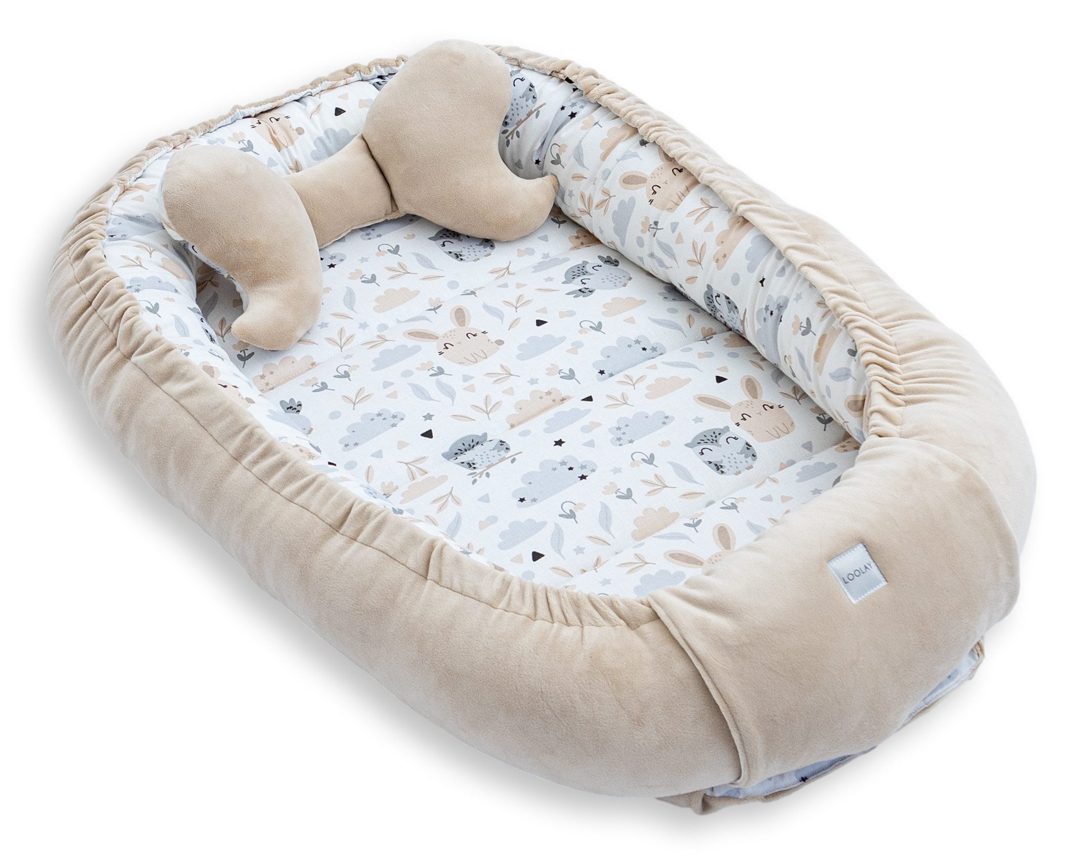 Loolay Kuschelnest BABYNEST 5 TLG. Set PREMIUM Babyausstattung Baumwolle & Samt Velours, (MUSTER: BEIGE Samt Velour/ HASE EULE, 5-tlg., Liebevoll handgefertigt  – Bild 5 von 5