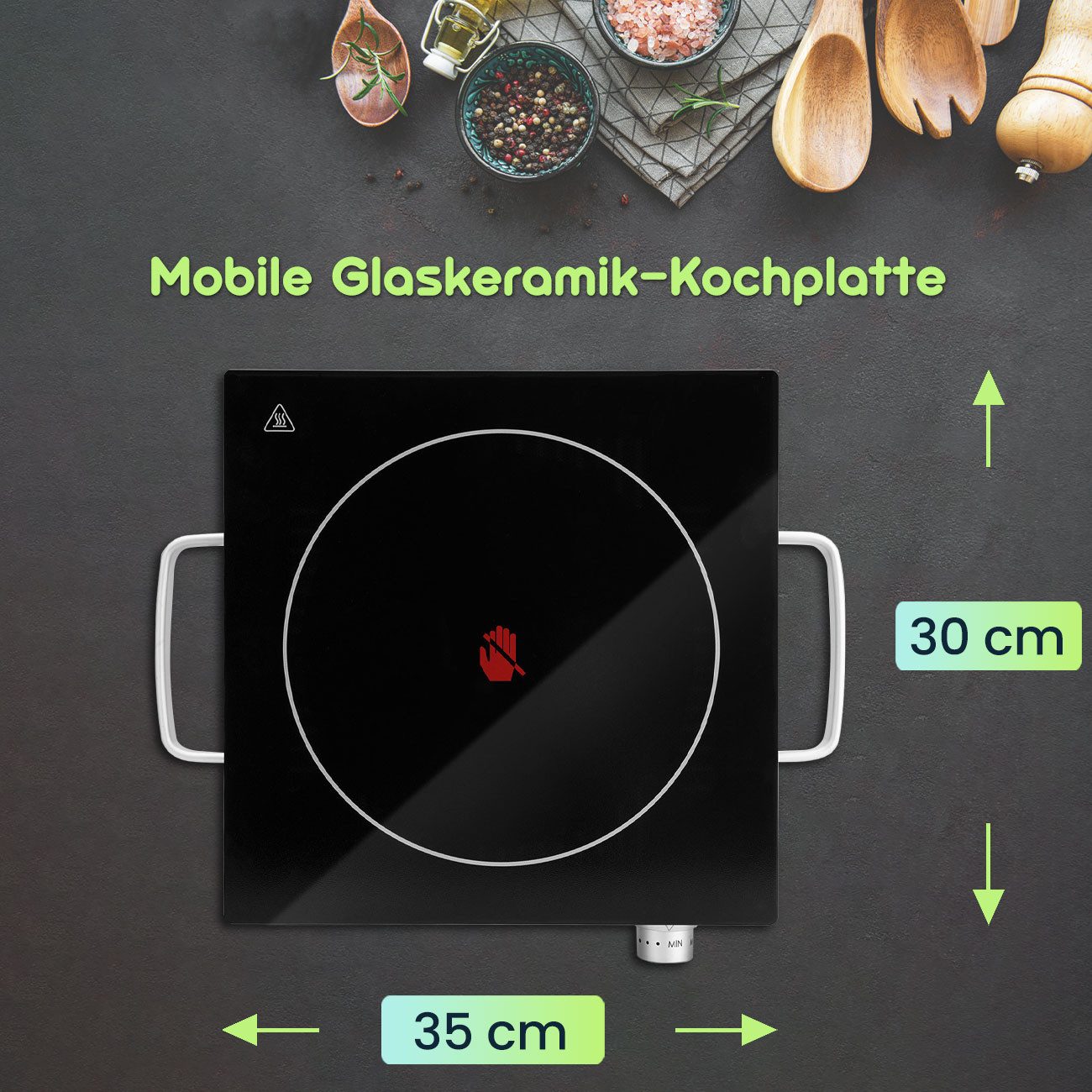 Casativo Einzelkochplatte Mobile Glaskeramik Kochplatte Infrarot-Wärme Ø20cm 2000W IP64, 1er & 2er-Set, stufenlose Temperaturregelung, 35 x 7,6 x 30cm