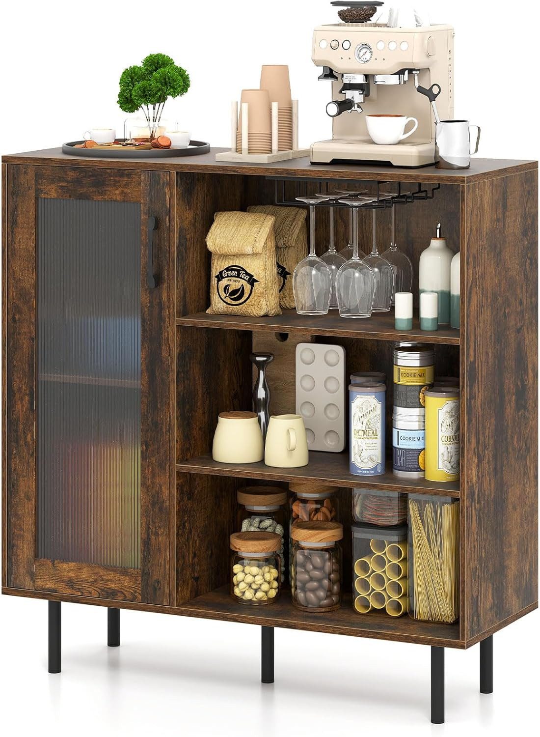 COSTWAY Küchenbuffet Sideboard Holz mit Glastür, Weinglashaltern