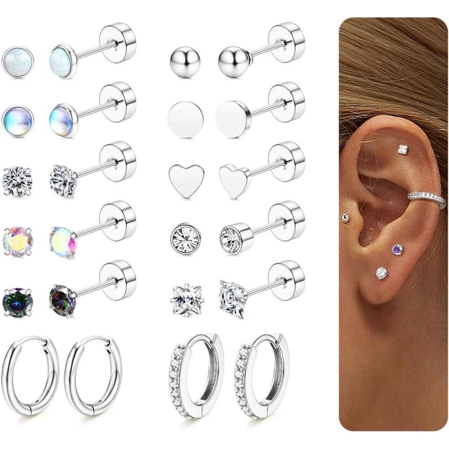 LuxusKollektion Schmuckset 12 Paar Silber/Gold Ohrringe Set Damen Herren Zirkonia Opal Creolen