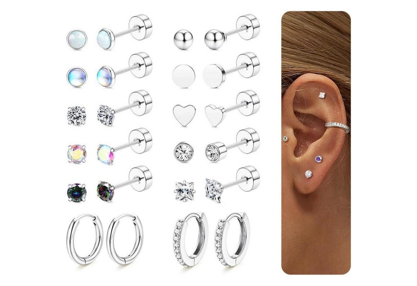 LuxusKollektion Ohrring-Set 12 Paar Silber/Gold Ohrringe Set Damen Herren Zirkonia Opal Creolen
