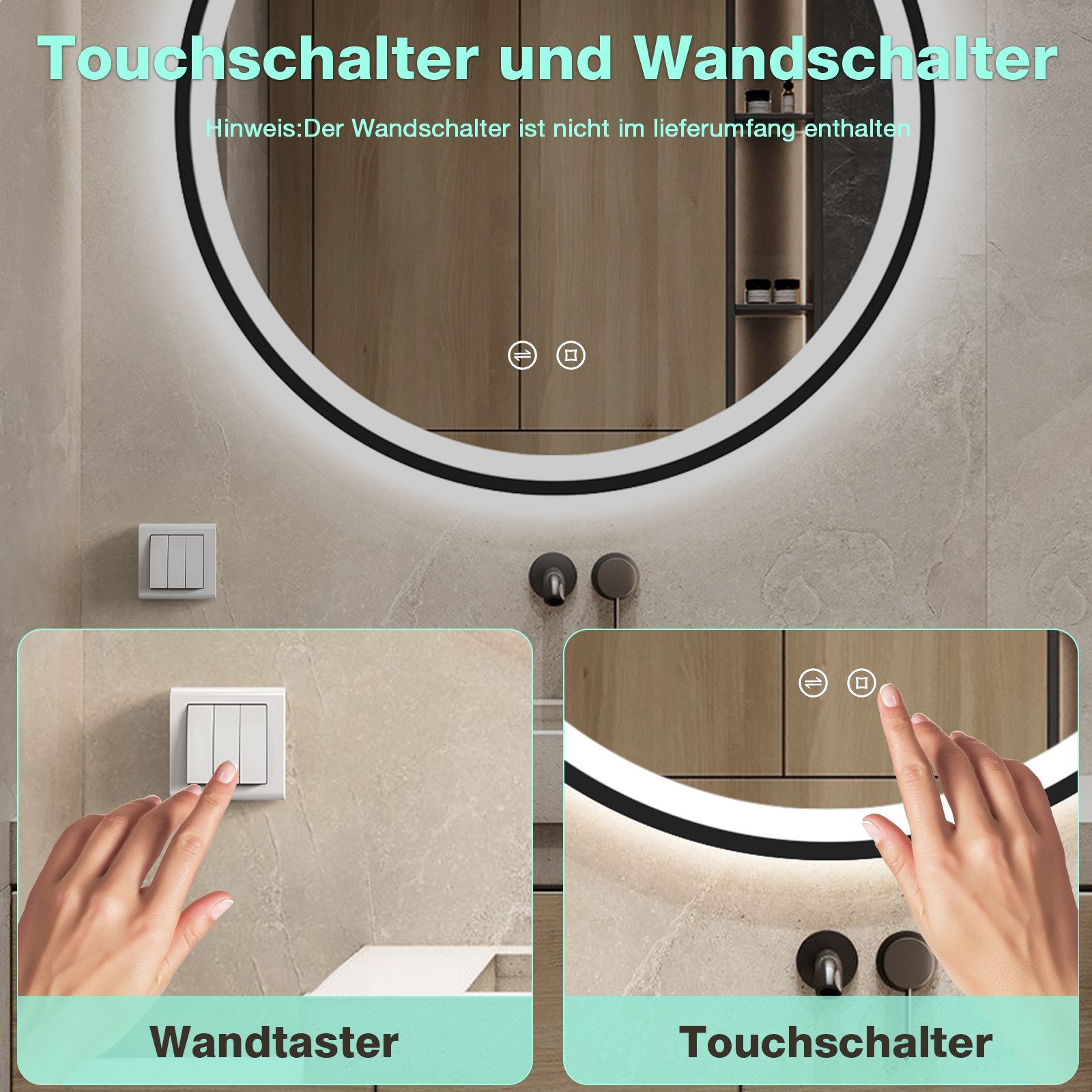 GIMBELEN Badspiegel LED Runder mit Beleuchtung, dimmbar, 3 Lichtfarben (1-St), Wandspiegel, LED Badspiegel, IP44 HD Sicherheitsglas, 60cm – Bild 5 von 5