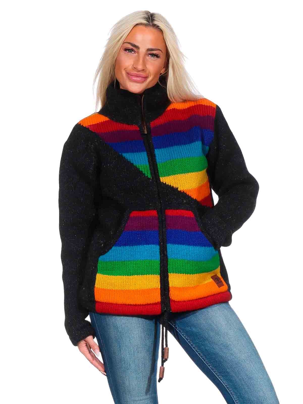 KUNST UND MAGIE Kapuzenstrickjacke Damen Strickjacke gefütterte Wolljacke Strickpullover Bunt Regenbogen