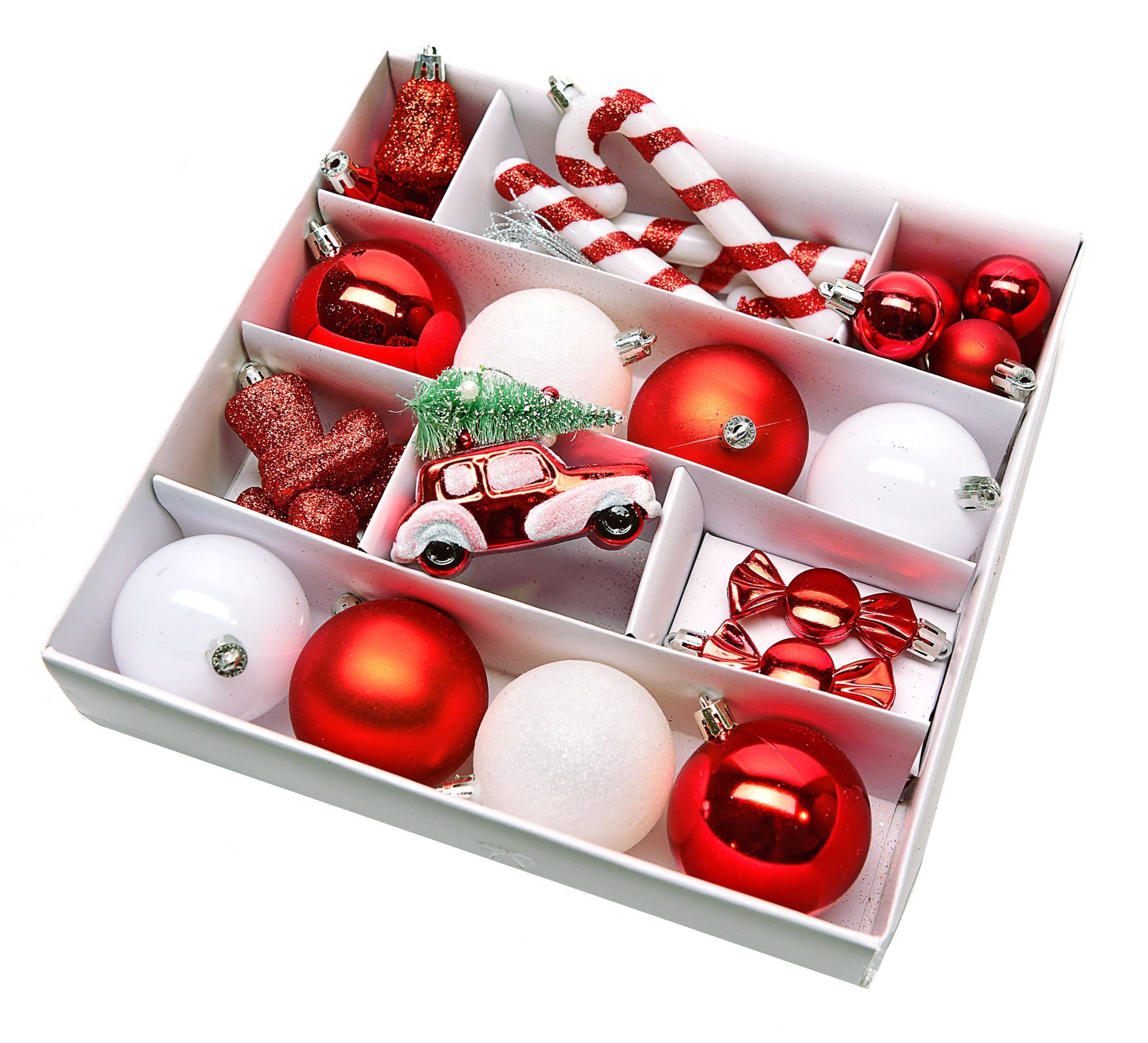 30 rot-weiß Set - St), Glocke Spetebo (30 Bonbon Kugeln Weihnachtsbaum Teile Christbaumschmuck Stiefel Auto Anhänger Deko Kunststoff Zuckerstange Weihnachtsbaumkugel