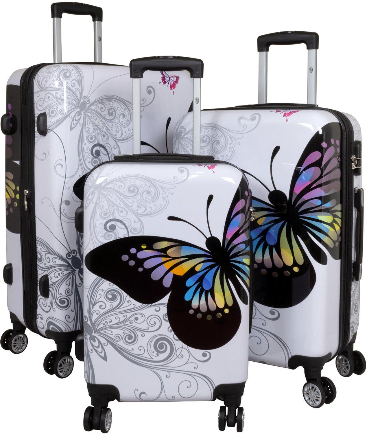 Warenhandel König Чемоданы на колесах et Butterfly, 4 Rollen, (Set, 3 tlg., Hartschalen Trolley Set), mit Motiv, Dehnfalte (Gr. L und XL), Hartschale aus Polycarbonat
